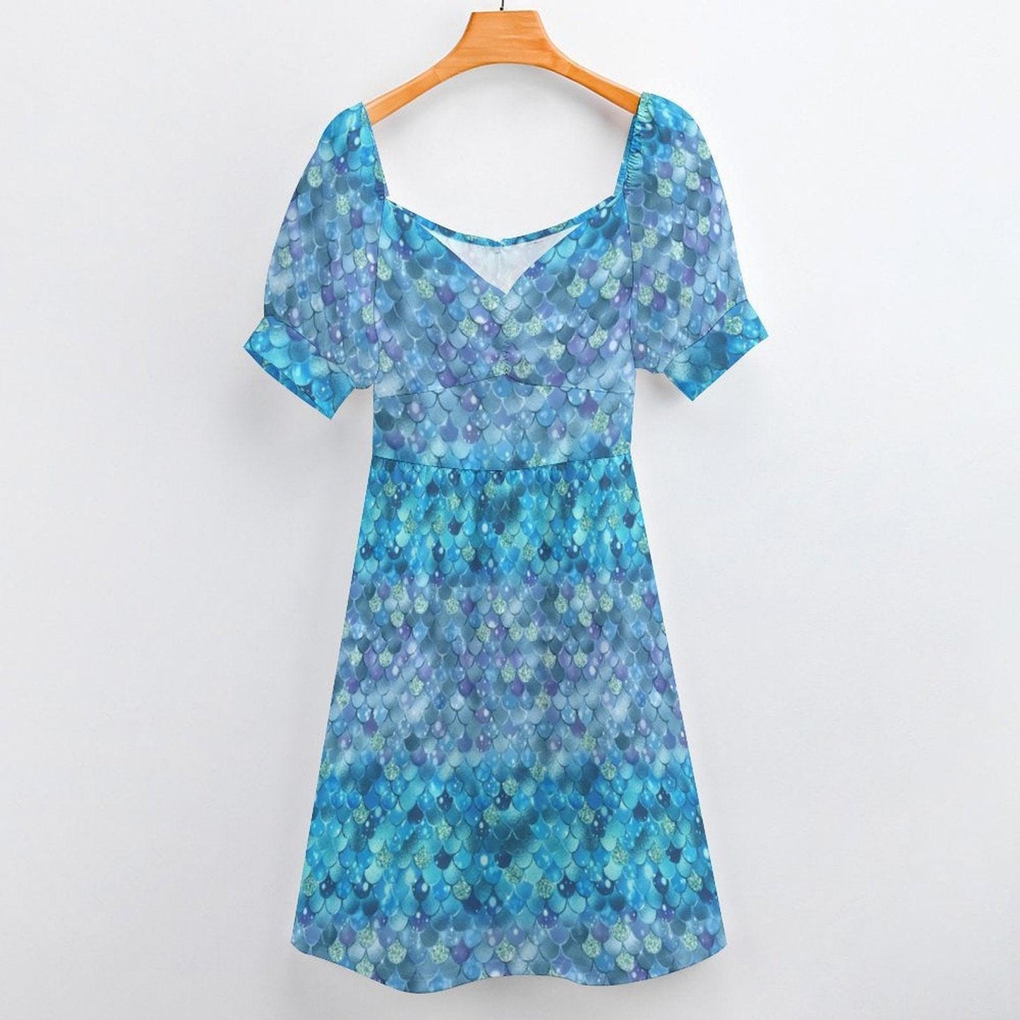 Blue Mermaid Scale Midi Dress, Sweetheart Puff Sleeve, Coastal Fantasy Outfit
