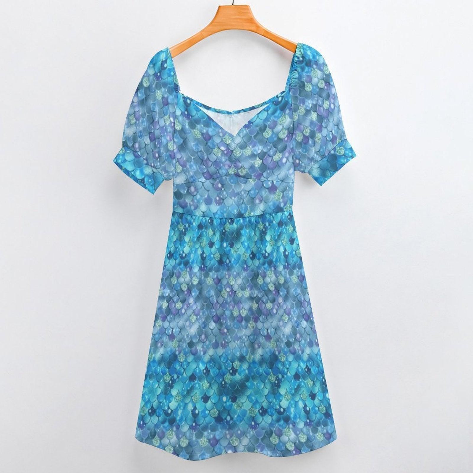 Blue Mermaid Scale Midi Dress, Sweetheart Puff Sleeve, Coastal Fantasy Outfit