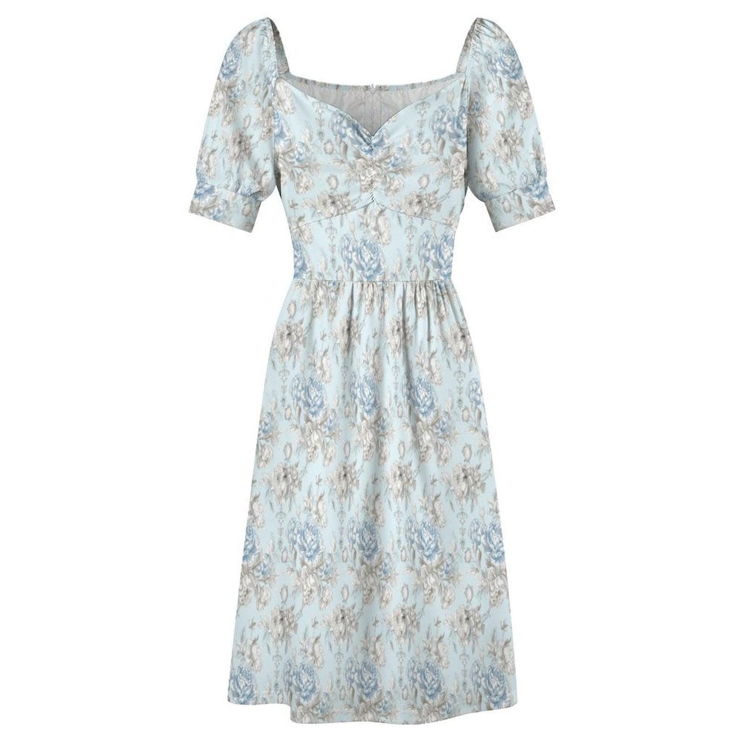 French Country Blue Rose Midi Dress, Puff Sleeve Sweetheart Tea Dress