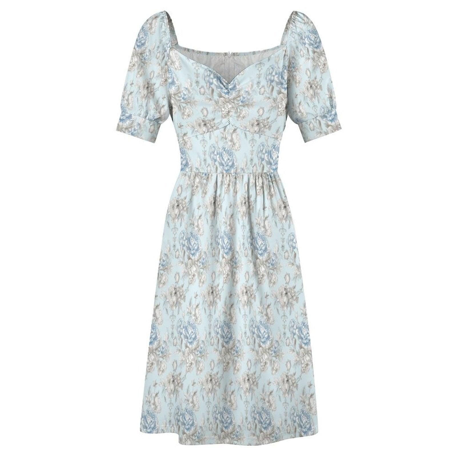 French Country Blue Rose Midi Dress, Puff Sleeve Sweetheart Tea Dress