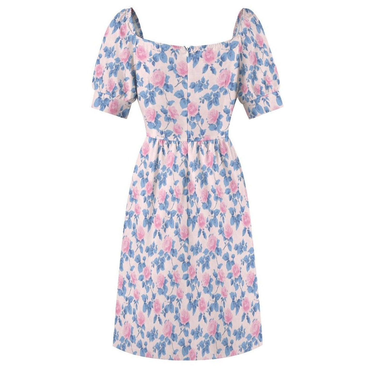 Pastel Floral Midi Dress, Puff Sleeve Sweetheart Neckline, Romantic Garden Party Outfit