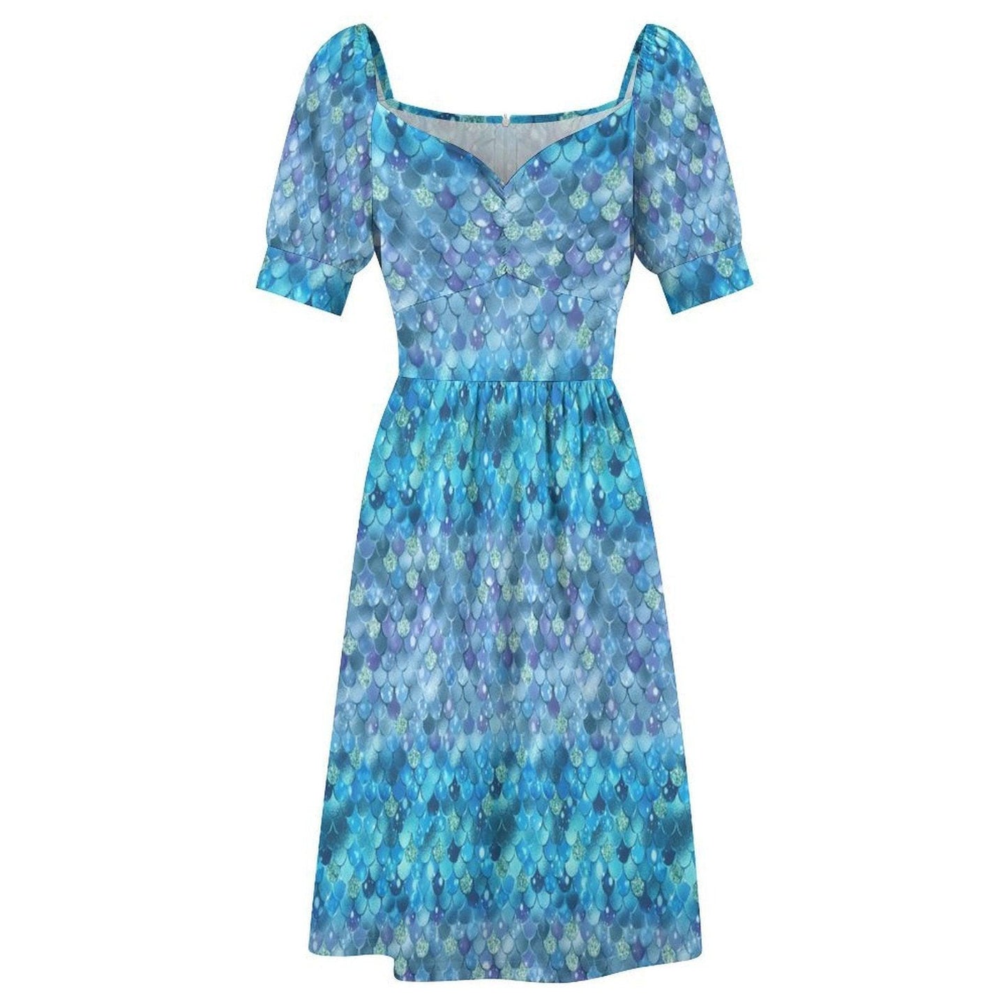 Blue Mermaid Scale Midi Dress, Sweetheart Puff Sleeve, Coastal Fantasy Outfit
