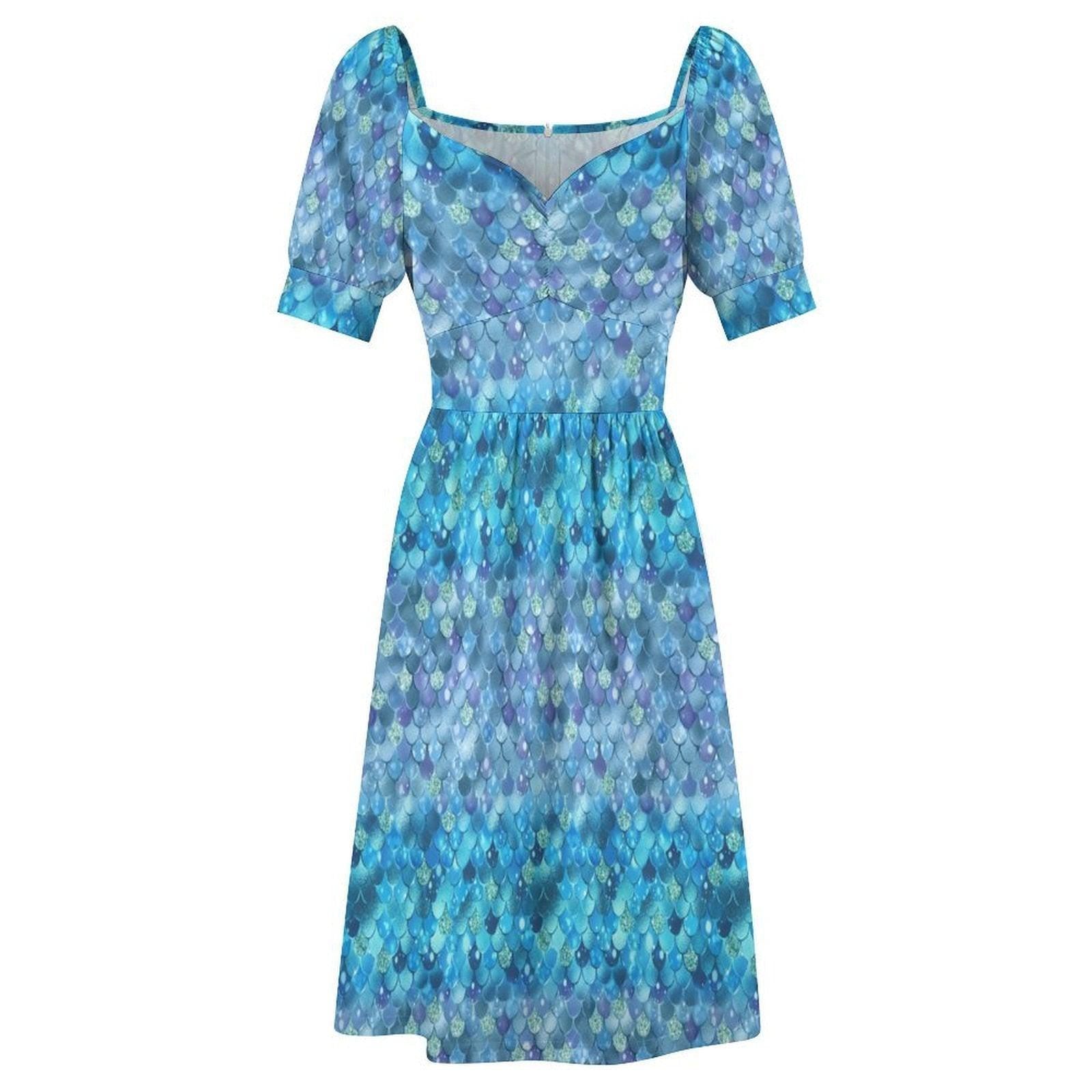 Blue Mermaid Scale Midi Dress, Sweetheart Puff Sleeve, Coastal Fantasy Outfit