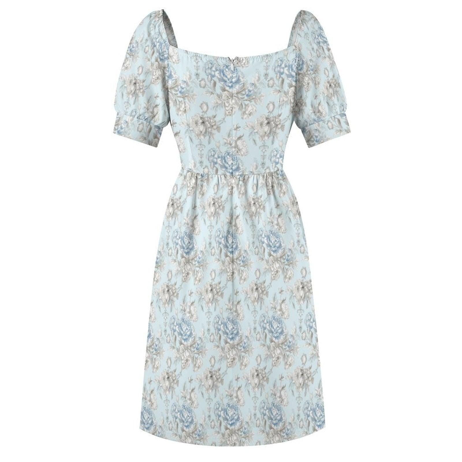 French Country Blue Rose Midi Dress, Puff Sleeve Sweetheart Tea Dress