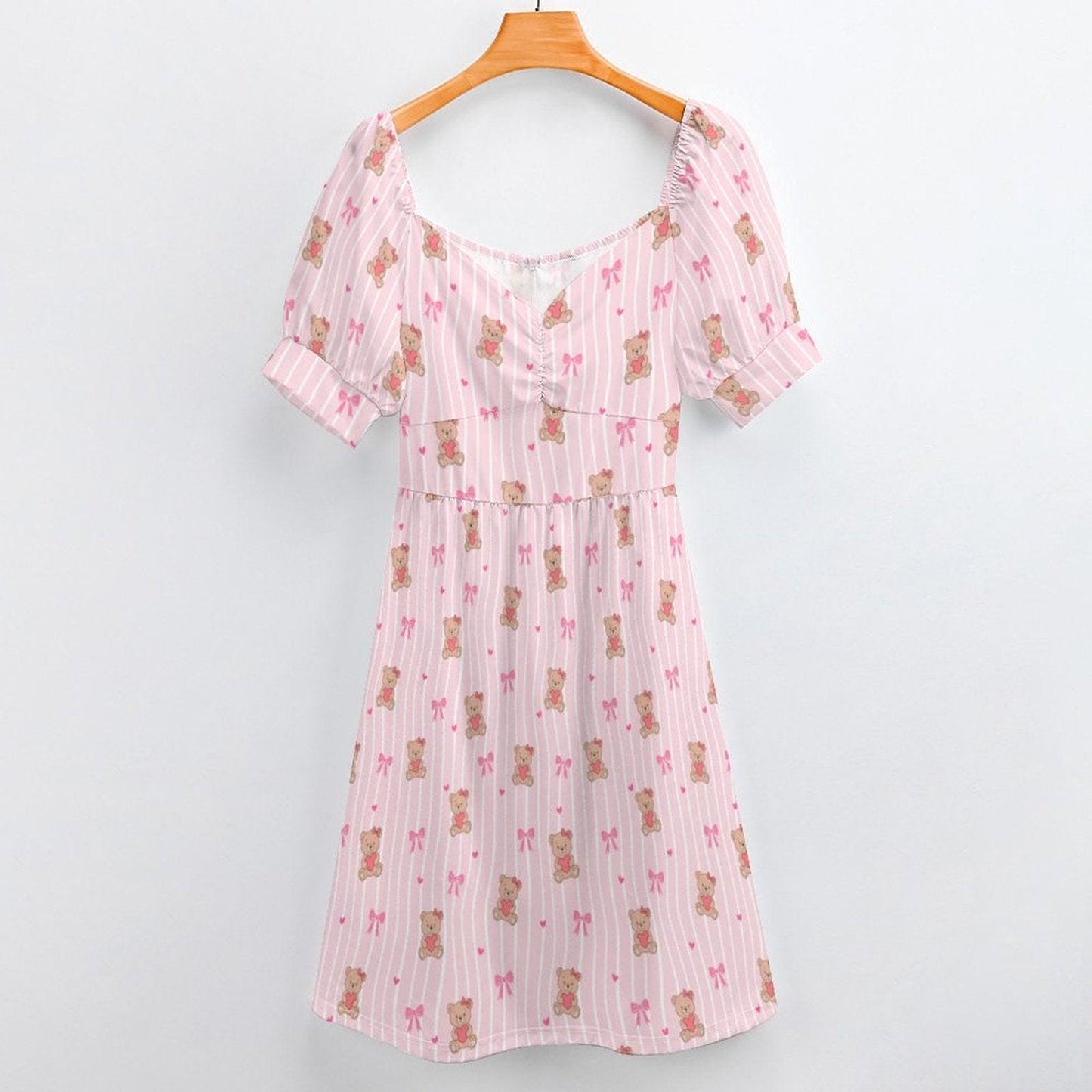 Pink Teddy Bear Babydoll Dress, Bow Print Puff Sleeve, Sweetheart Neckline, Kawaii Style