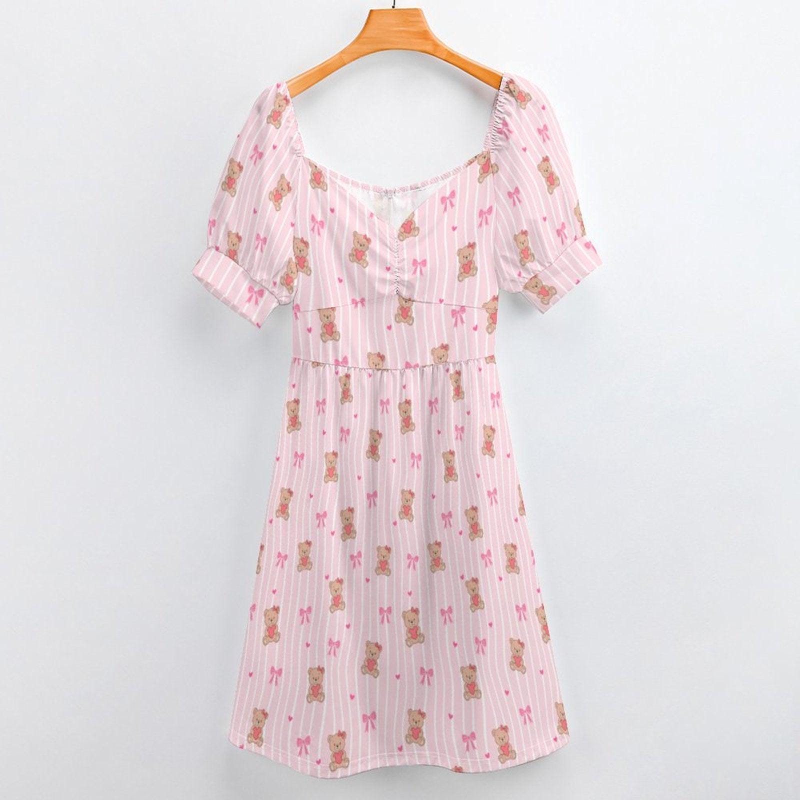 Pink Teddy Bear Babydoll Dress, Bow Print Puff Sleeve, Sweetheart Neckline, Kawaii Style