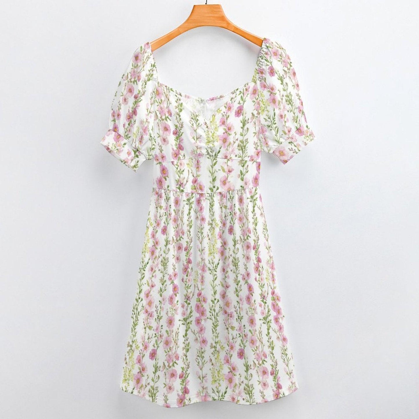 Pink Hollyhock Midi Dress, Cottage Garden Puff Sleeve, Romantic Floral Tea Party Outfit