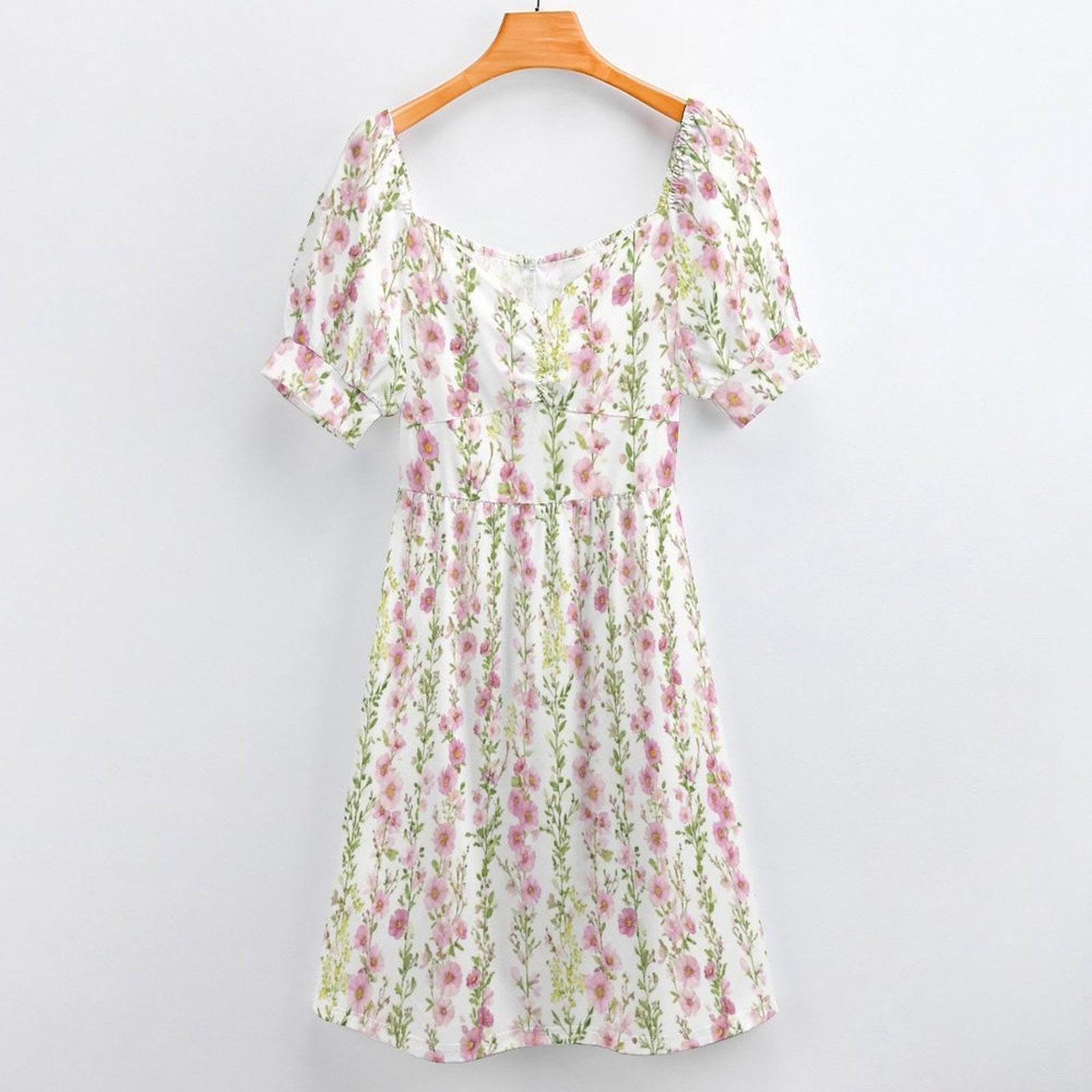 Pink Hollyhock Midi Dress, Cottage Garden Puff Sleeve, Romantic Floral Tea Party Outfit