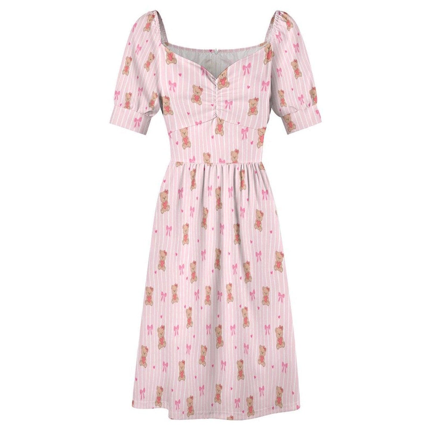 Pink Teddy Bear Babydoll Dress, Bow Print Puff Sleeve, Sweetheart Neckline, Kawaii Style