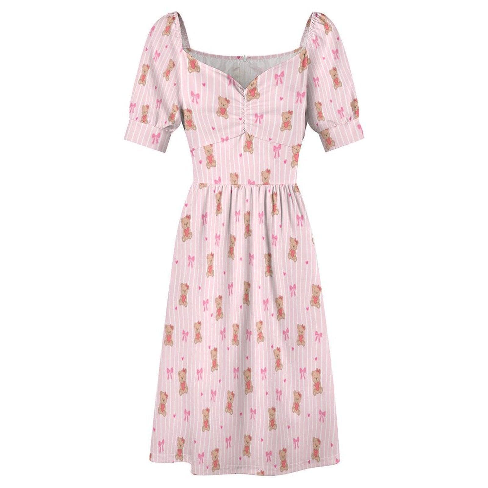 Pink Teddy Bear Babydoll Dress, Bow Print Puff Sleeve, Sweetheart Neckline, Kawaii Style