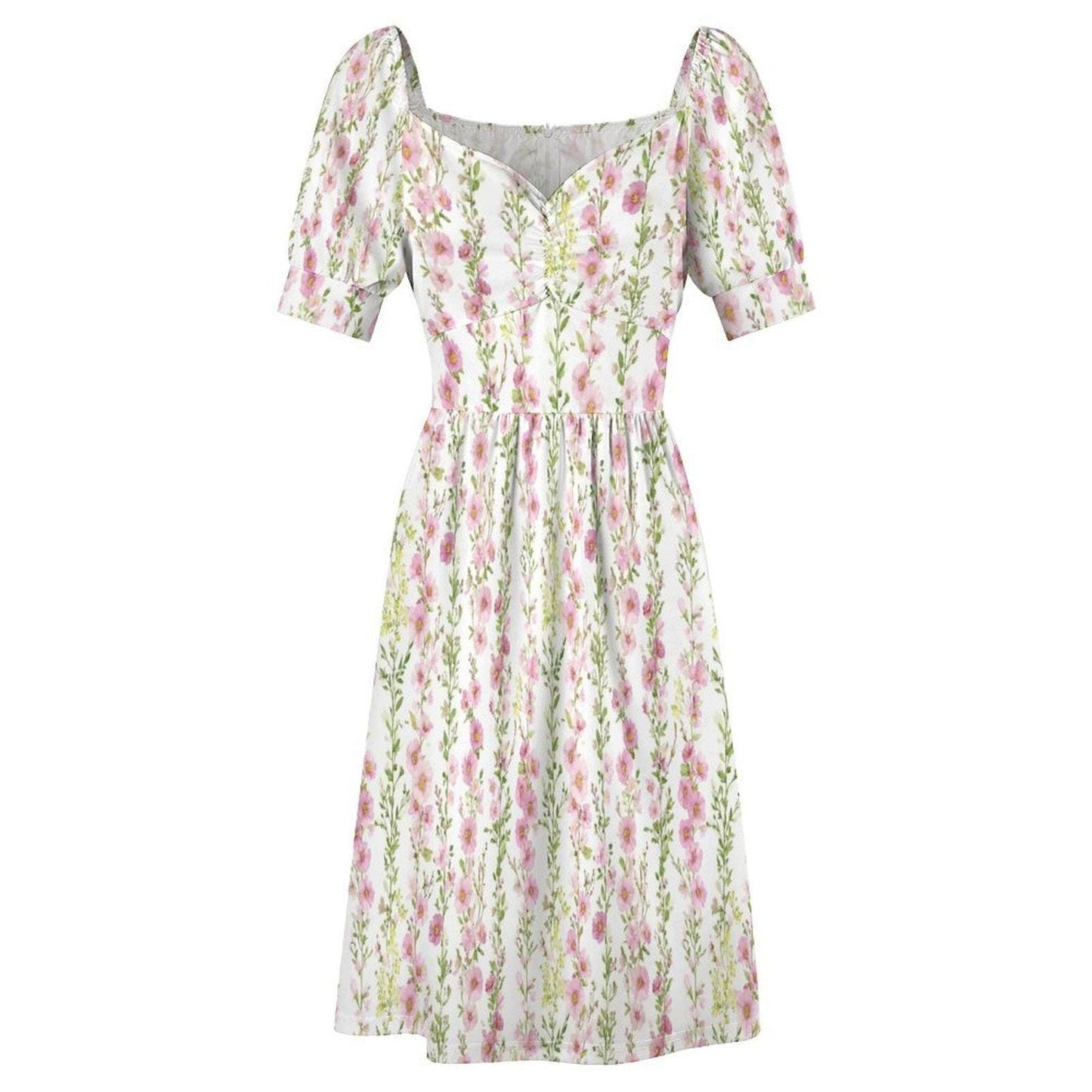 Pink Hollyhock Midi Dress, Cottage Garden Puff Sleeve, Romantic Floral Tea Party Outfit