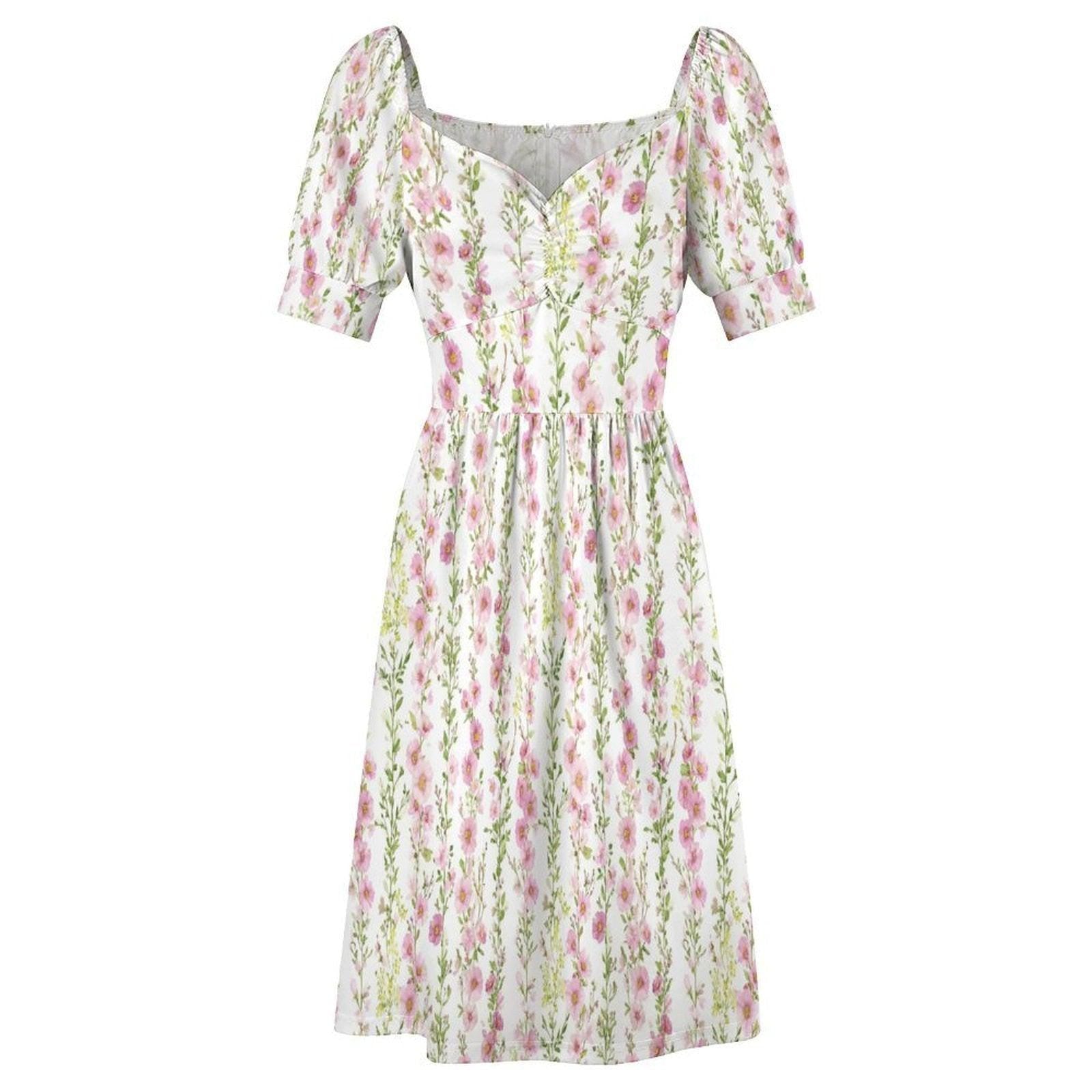 Pink Hollyhock Midi Dress, Cottage Garden Puff Sleeve, Romantic Floral Tea Party Outfit