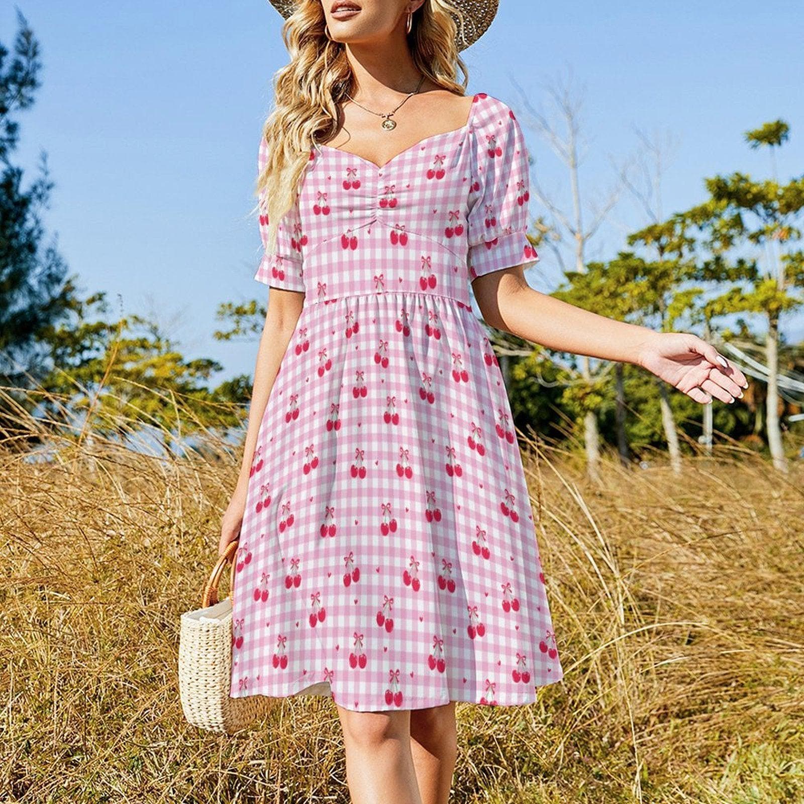 Pink Gingham Cherry Print Babydoll Dress, Summer Cottagecore Puff Sleeve Picnic Outfit