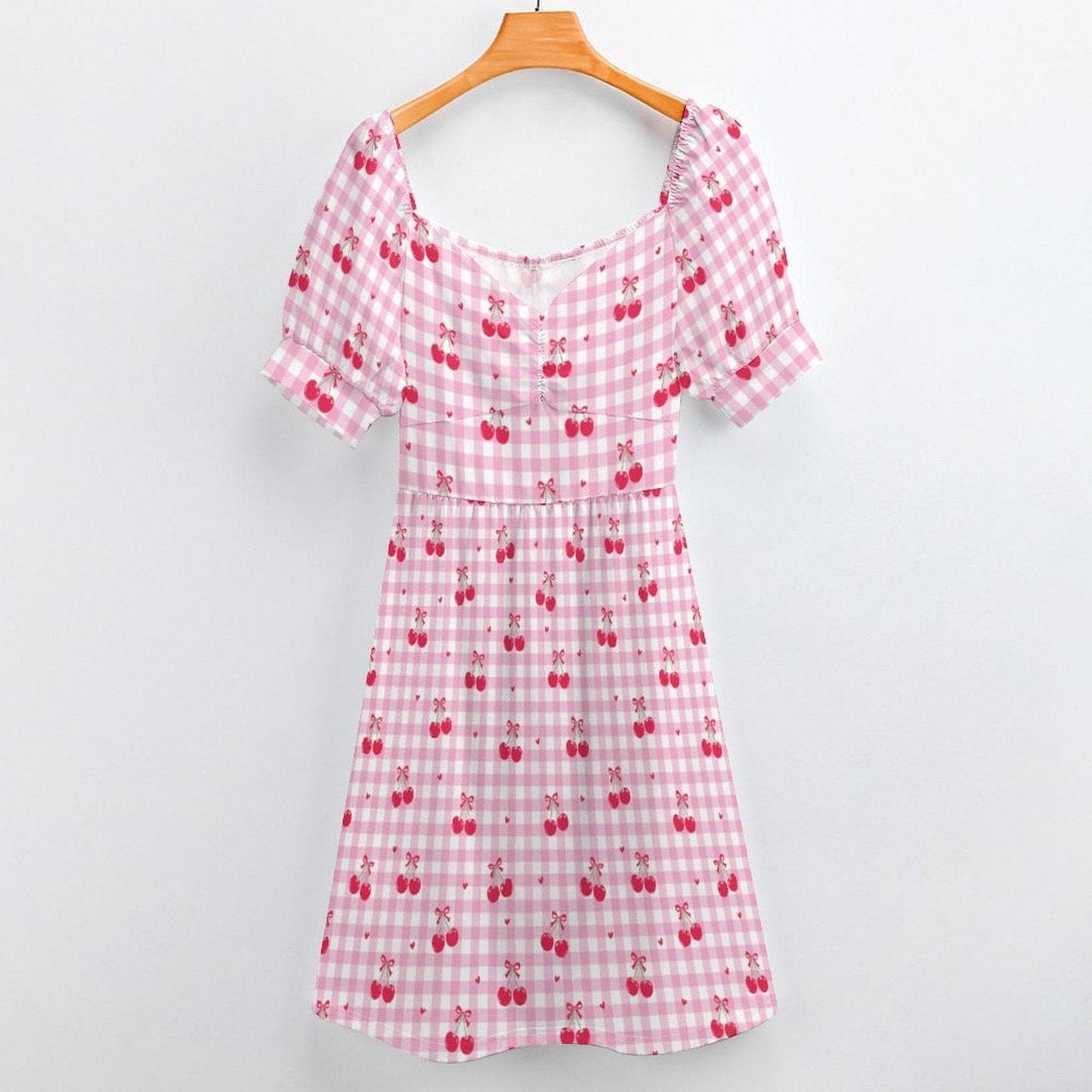 Pink Gingham Cherry Print Babydoll Dress, Summer Cottagecore Puff Sleeve Picnic Outfit