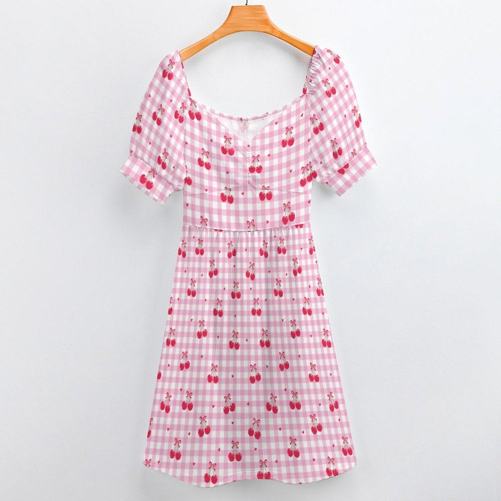 Pink Gingham Cherry Print Babydoll Dress, Summer Cottagecore Puff Sleeve Picnic Outfit