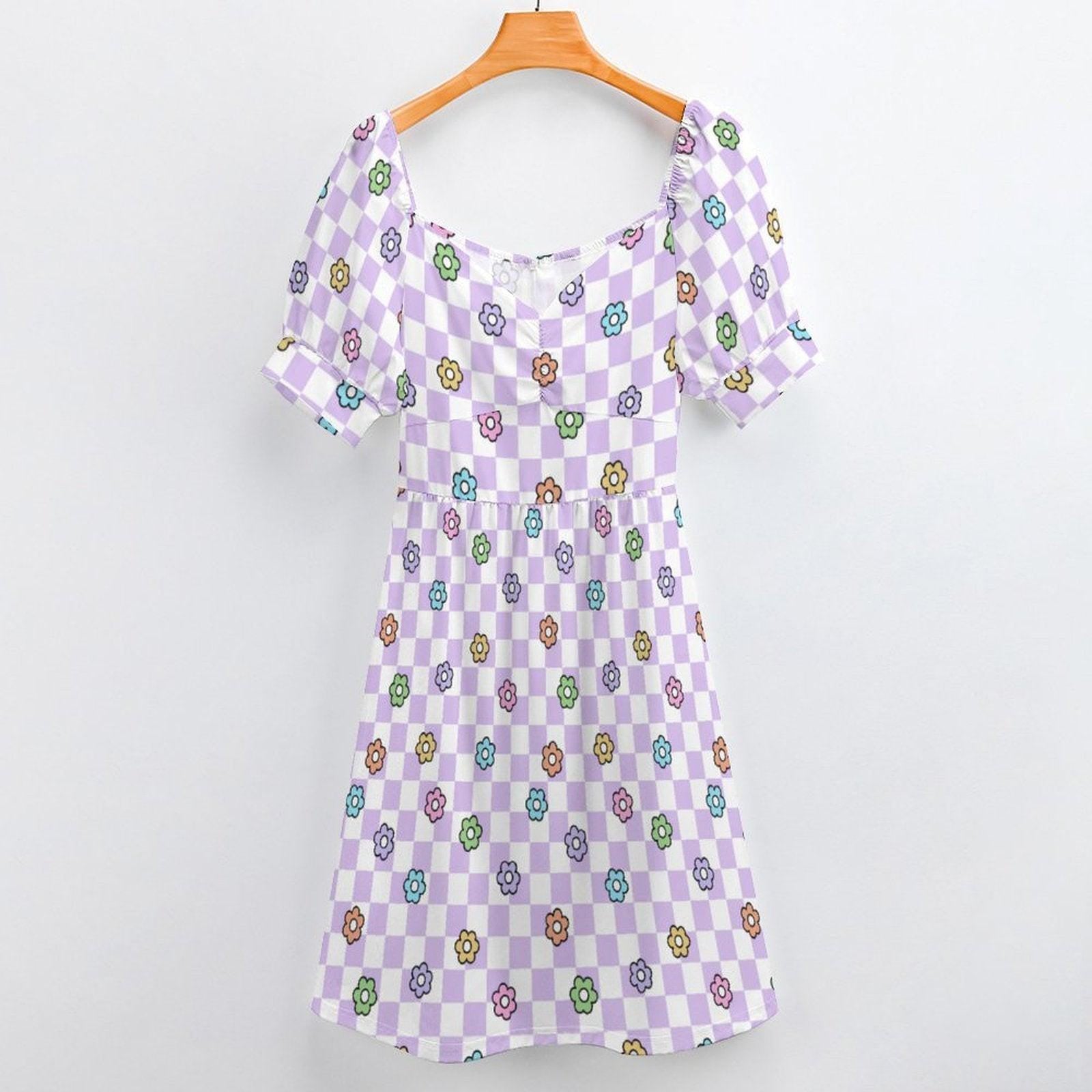 Lavender Checkerboard Midi Dress, Pastel Daisy Puff Sleeve, Retro Picnic Outfit