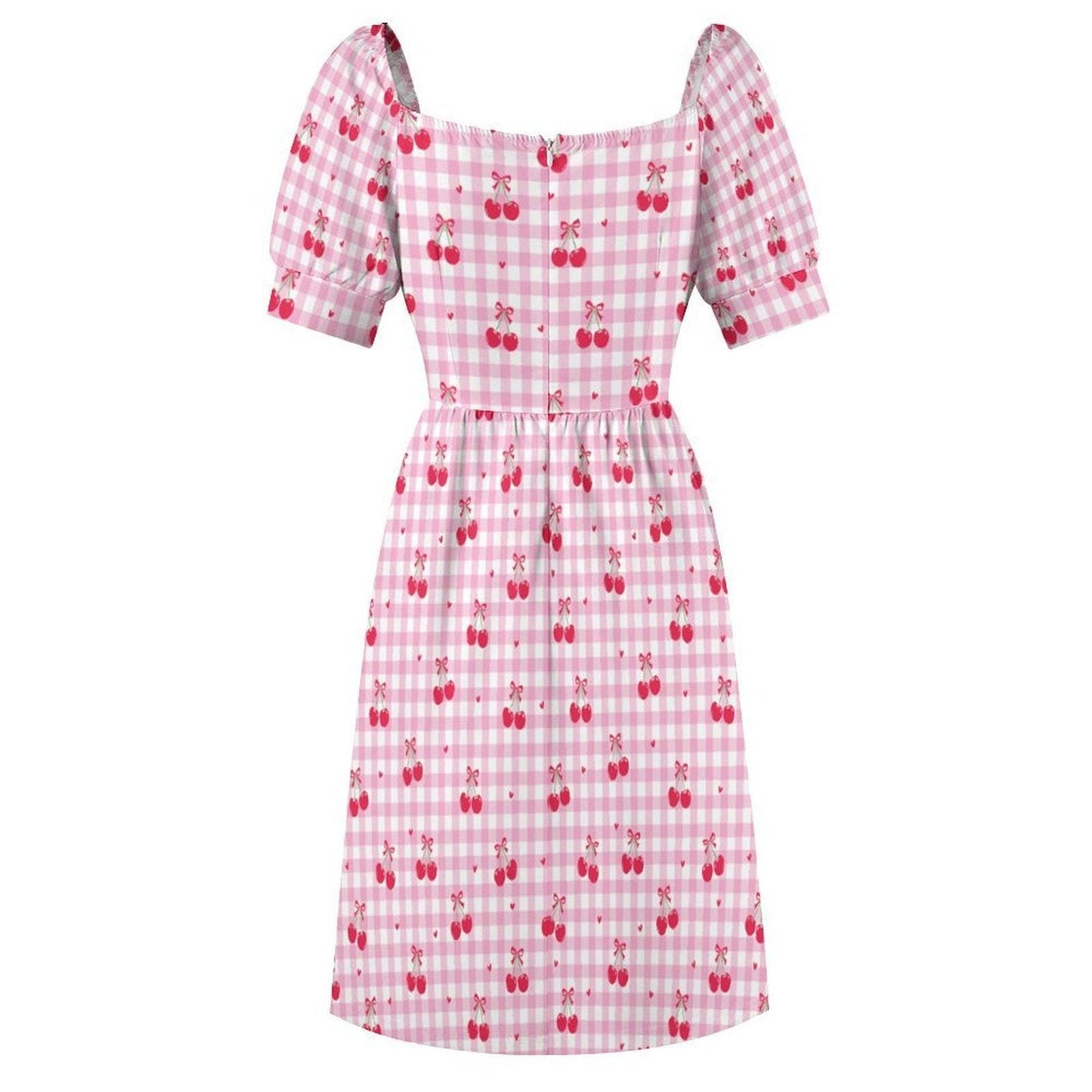 Pink Gingham Cherry Print Babydoll Dress, Summer Cottagecore Puff Sleeve Picnic Outfit