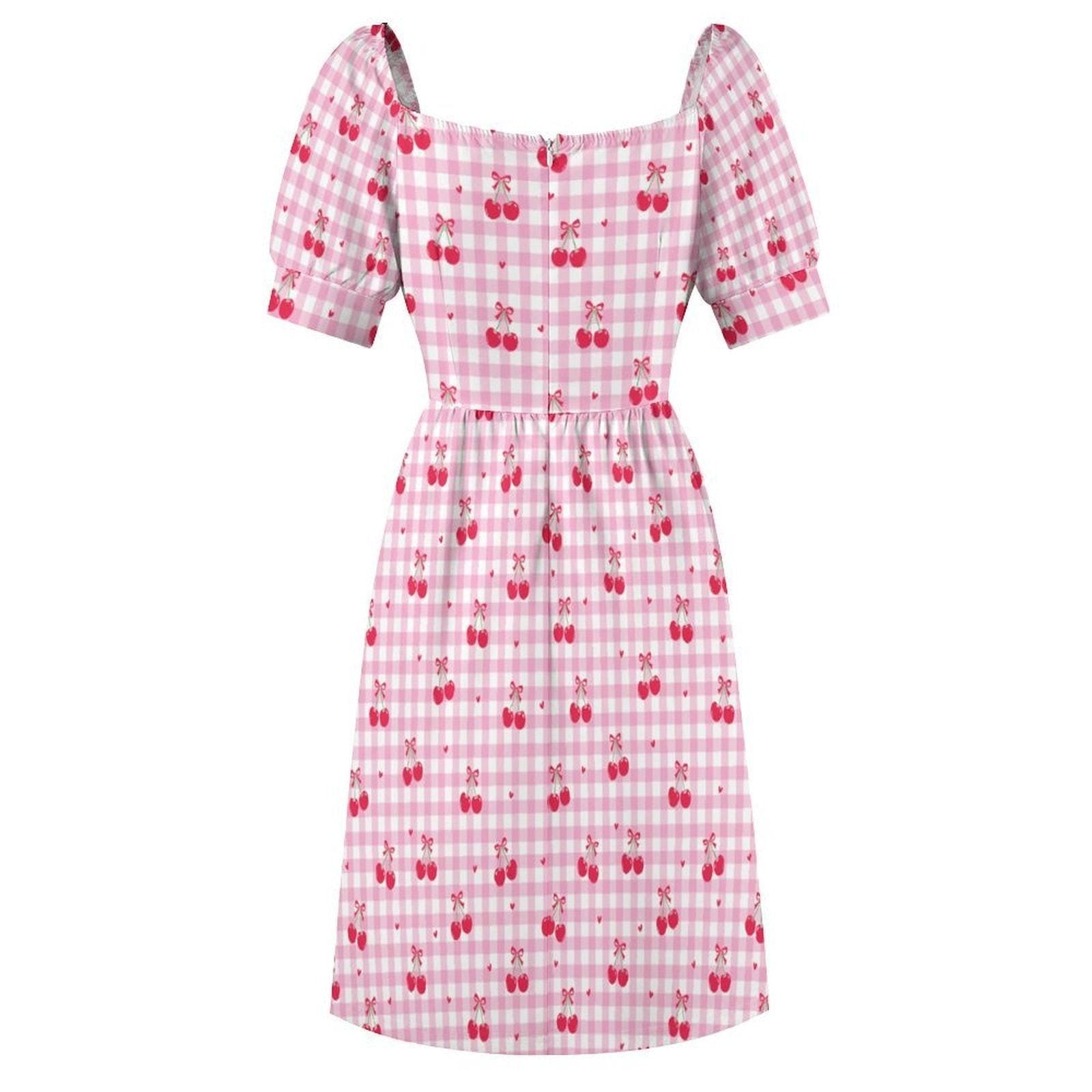 Pink Gingham Cherry Print Babydoll Dress, Summer Cottagecore Puff Sleeve Picnic Outfit