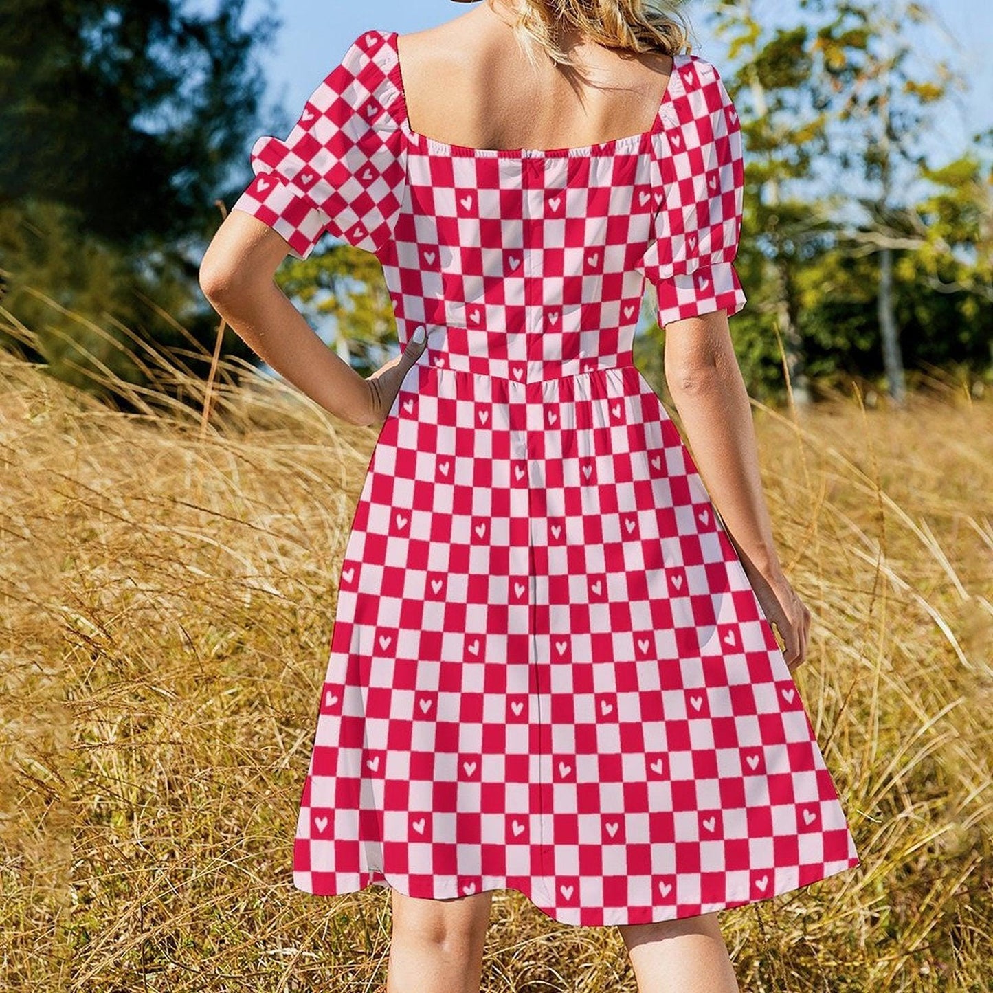 Red Gingham Heart Puff Sleeve Dress, Sweetheart Neckline Picnic Outfit