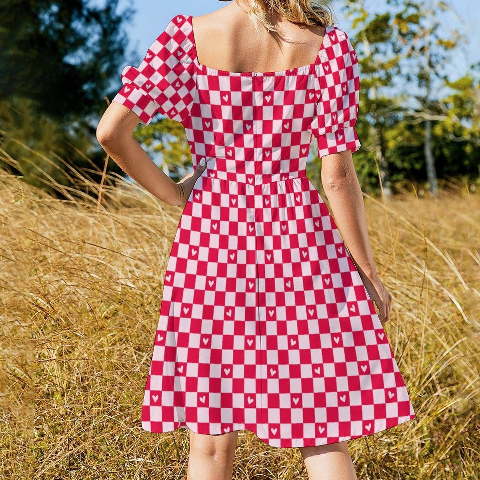 Red Gingham Heart Puff Sleeve Dress, Sweetheart Neckline Picnic Outfit