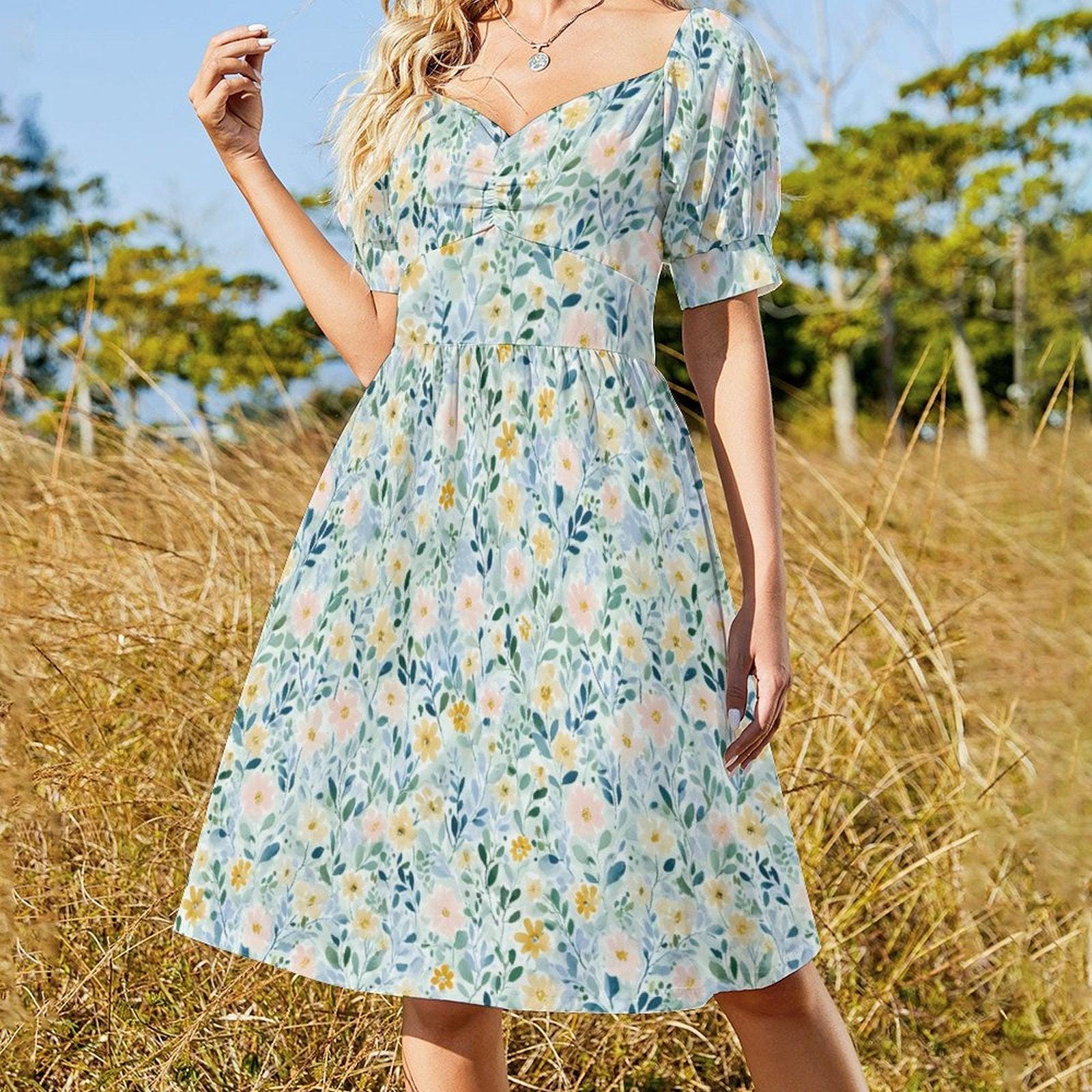 Pastel Wildflower Midi Dress, Botanical Puff Sleeve, Garden Party Style, Bridal Brunch