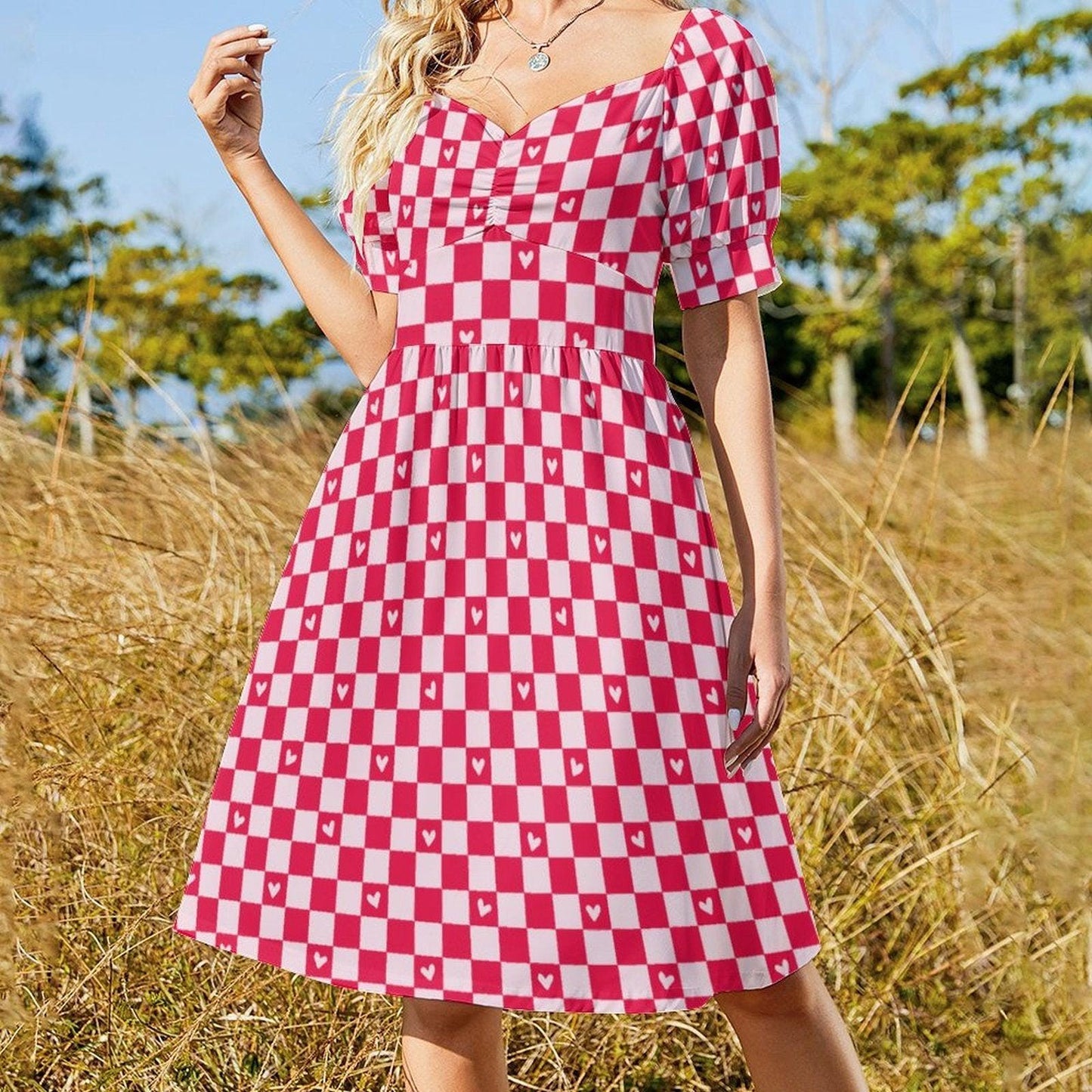 Red Gingham Heart Puff Sleeve Dress, Sweetheart Neckline Picnic Outfit
