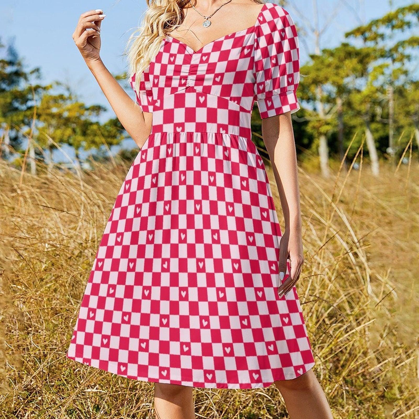Red Gingham Heart Puff Sleeve Dress, Sweetheart Neckline Picnic Outfit