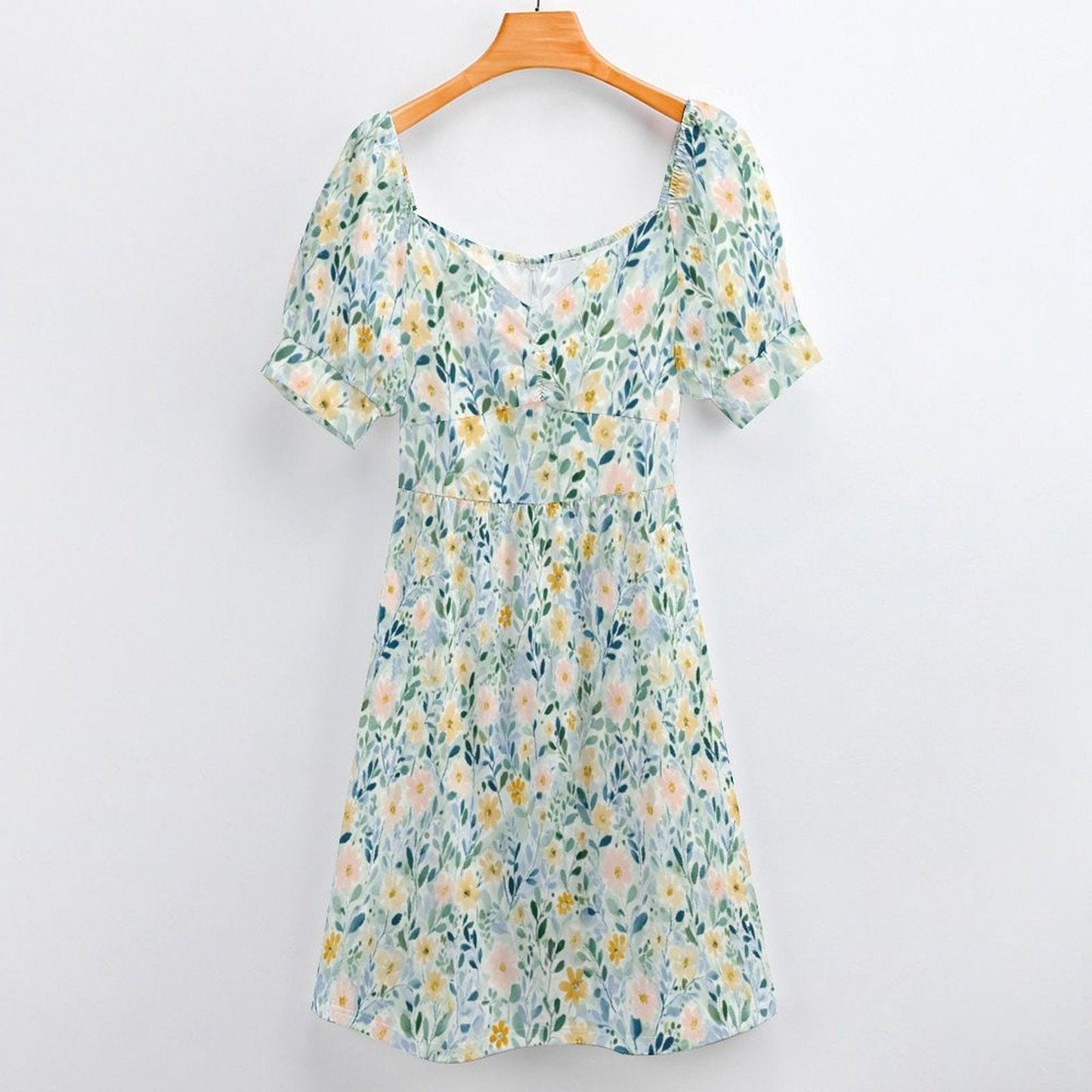 Pastel Wildflower Midi Dress, Botanical Puff Sleeve, Garden Party Style, Bridal Brunch