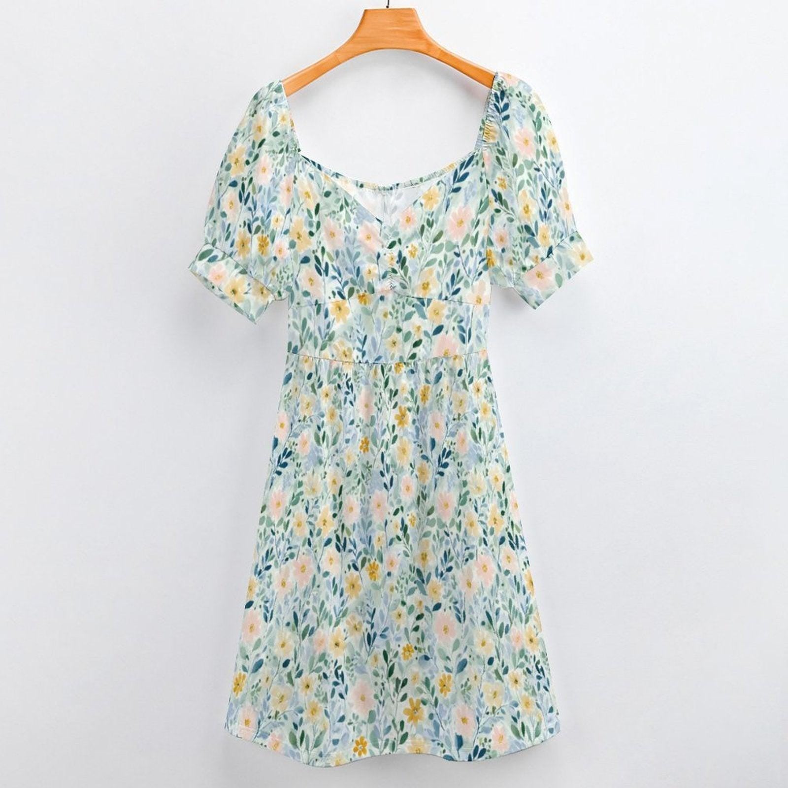 Pastel Wildflower Midi Dress, Botanical Puff Sleeve, Garden Party Style, Bridal Brunch
