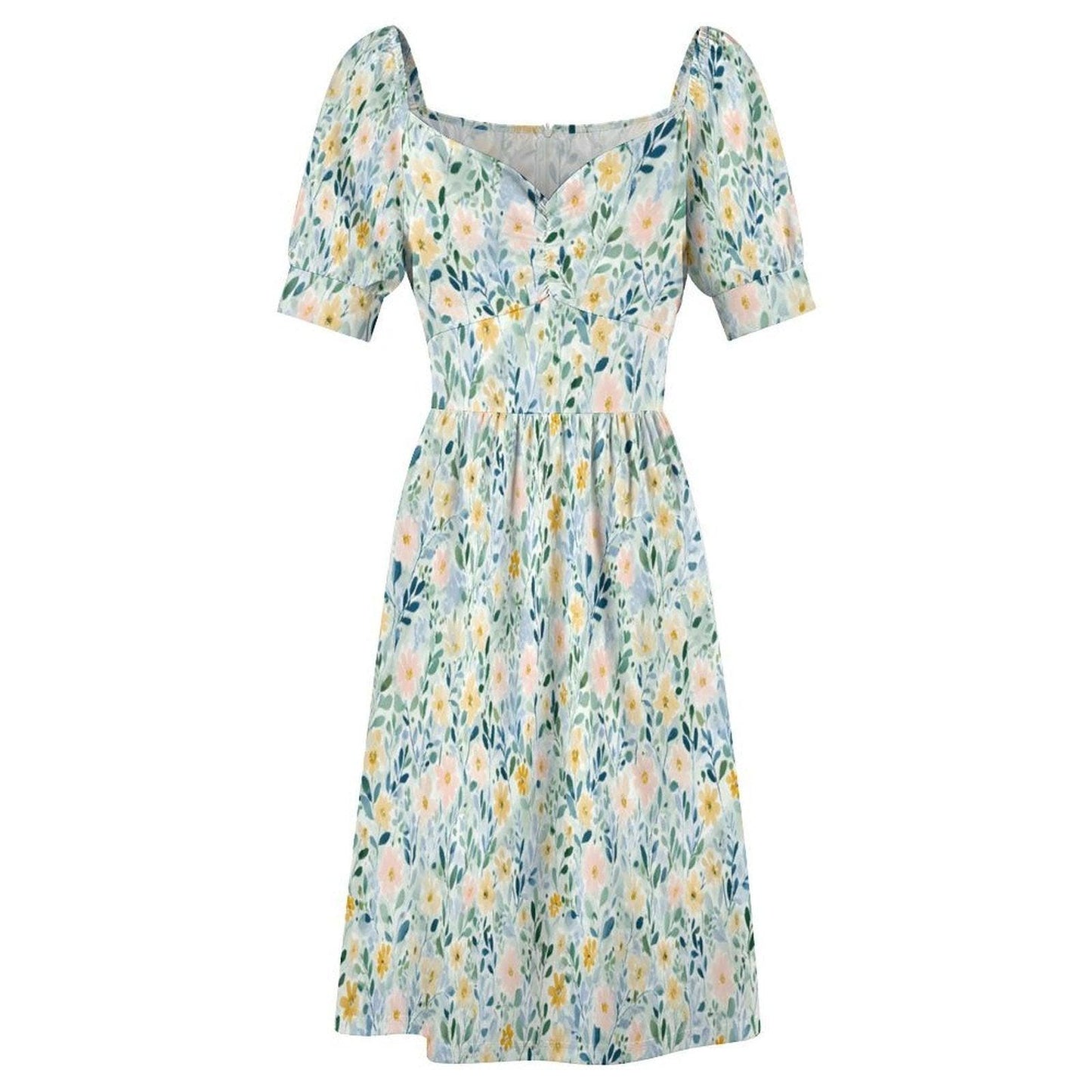 Pastel Wildflower Midi Dress, Botanical Puff Sleeve, Garden Party Style, Bridal Brunch