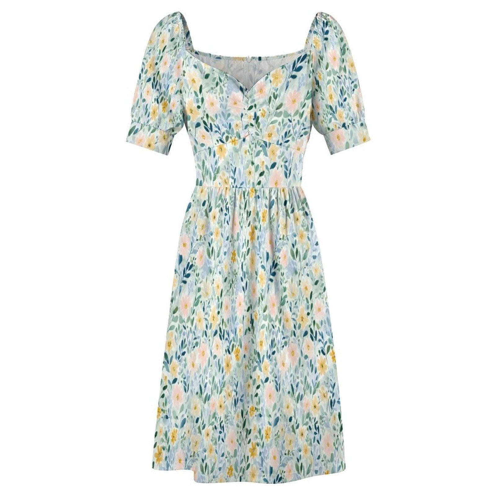 Pastel Wildflower Midi Dress, Botanical Puff Sleeve, Garden Party Style, Bridal Brunch