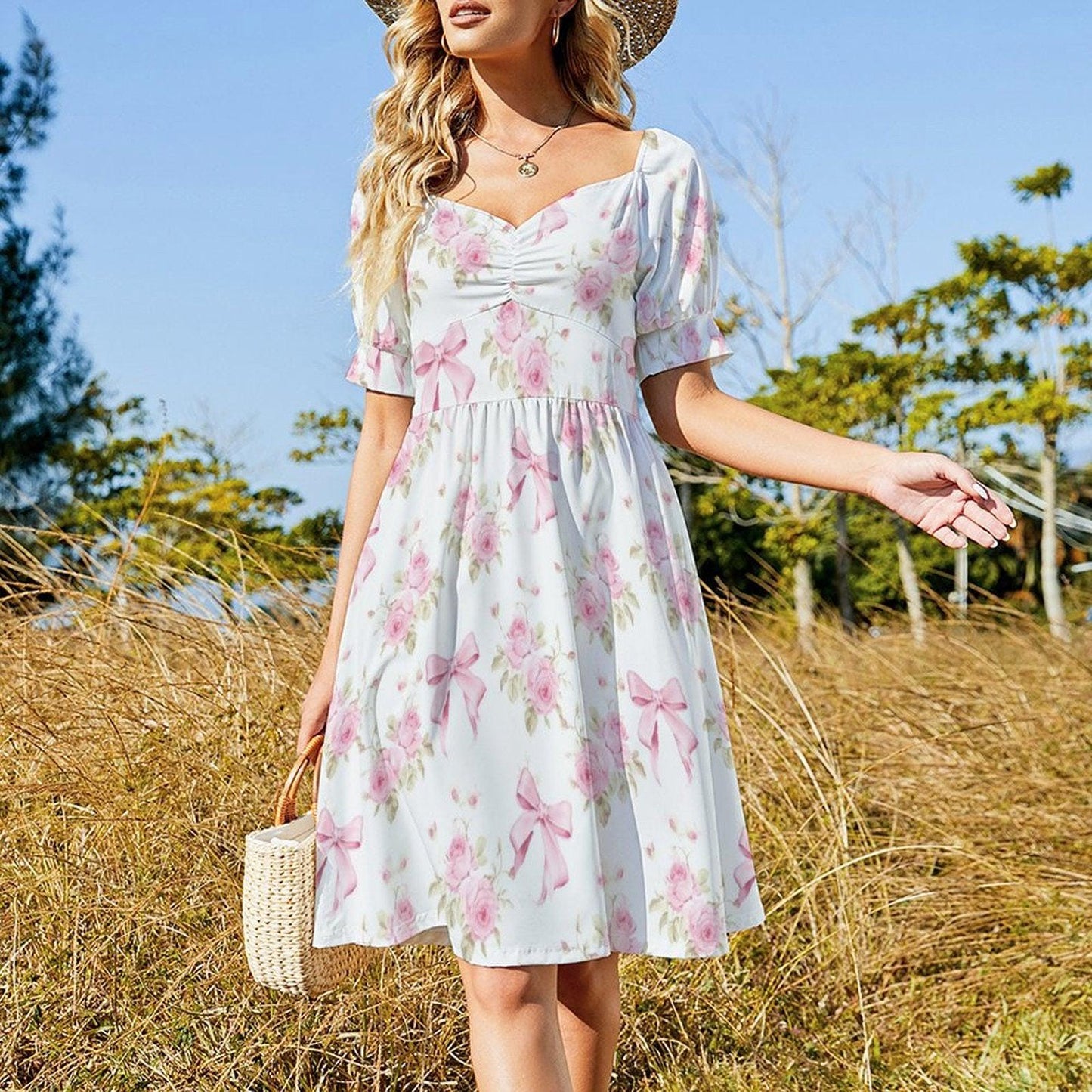Pink Bow Rose Midi Dress, Puff Sleeve Floral Summer Outfit, Sweetheart Neckline, Fit and Flare, Party Dress