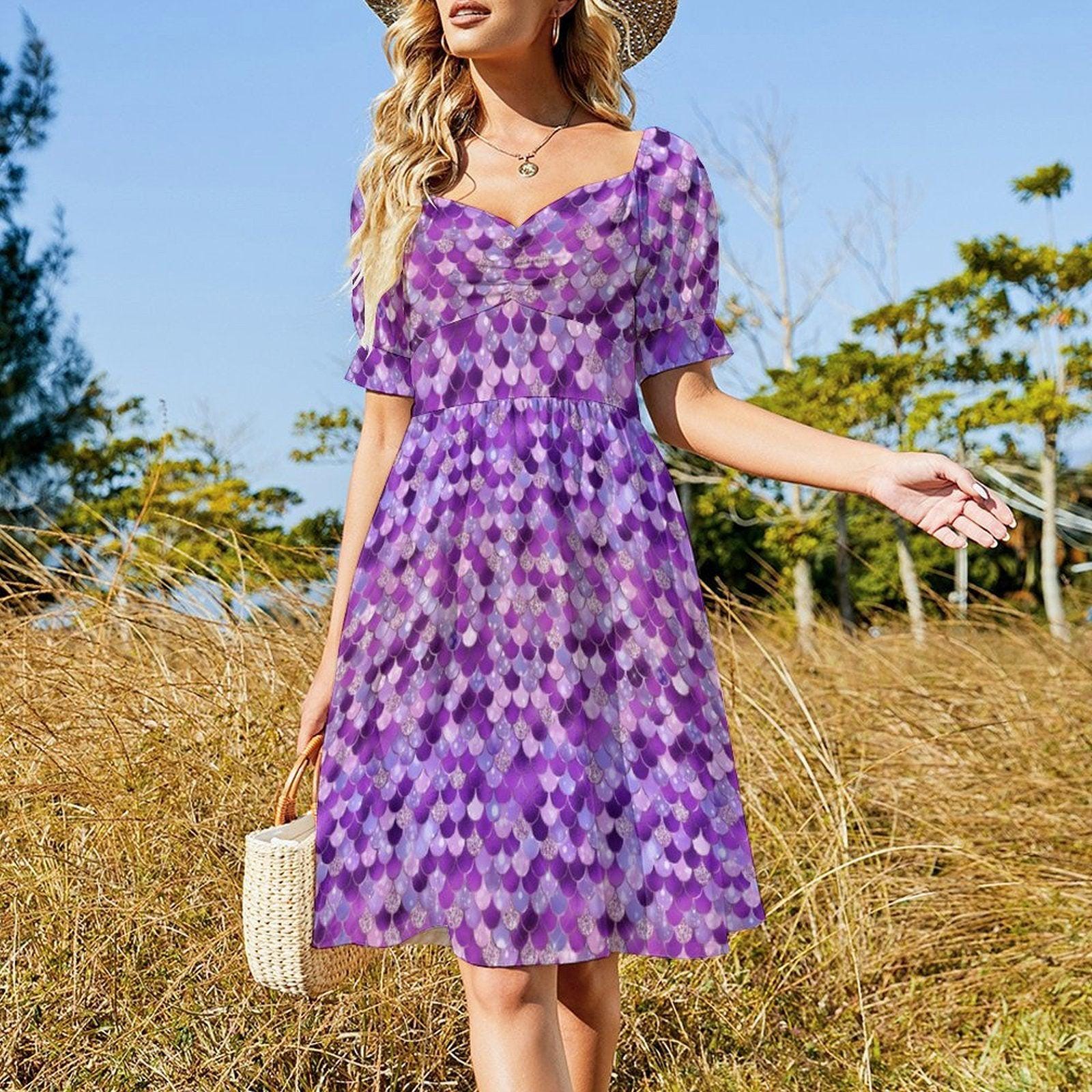 Purple Mermaid Scale Midi Dress, Puff Sleeve Fit and Flare, Glittery Summer Party Outfit