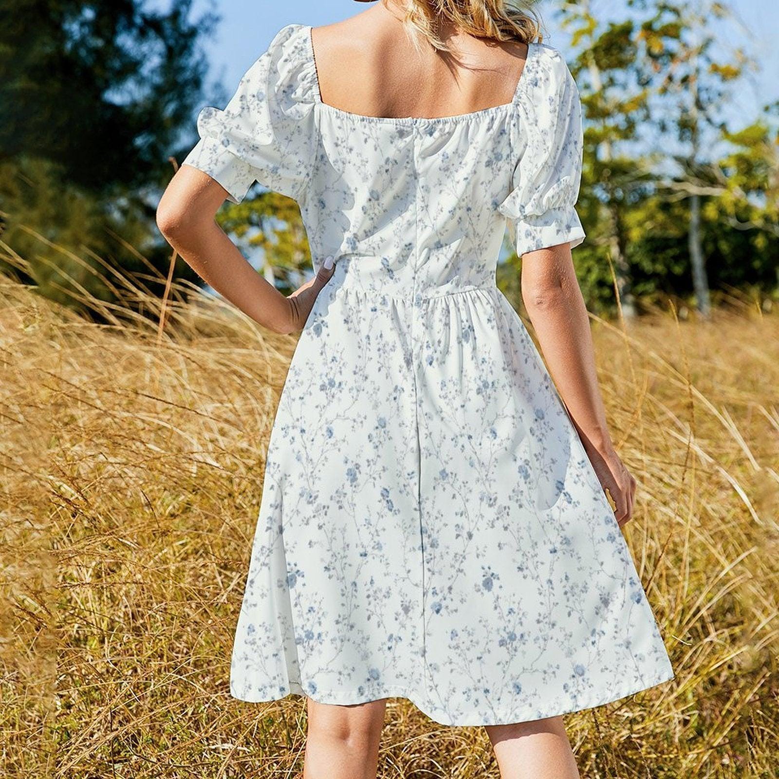 Blue Ditsy Floral Midi Dress, Puff Sleeve Romantic Summer Garden Party Outfit