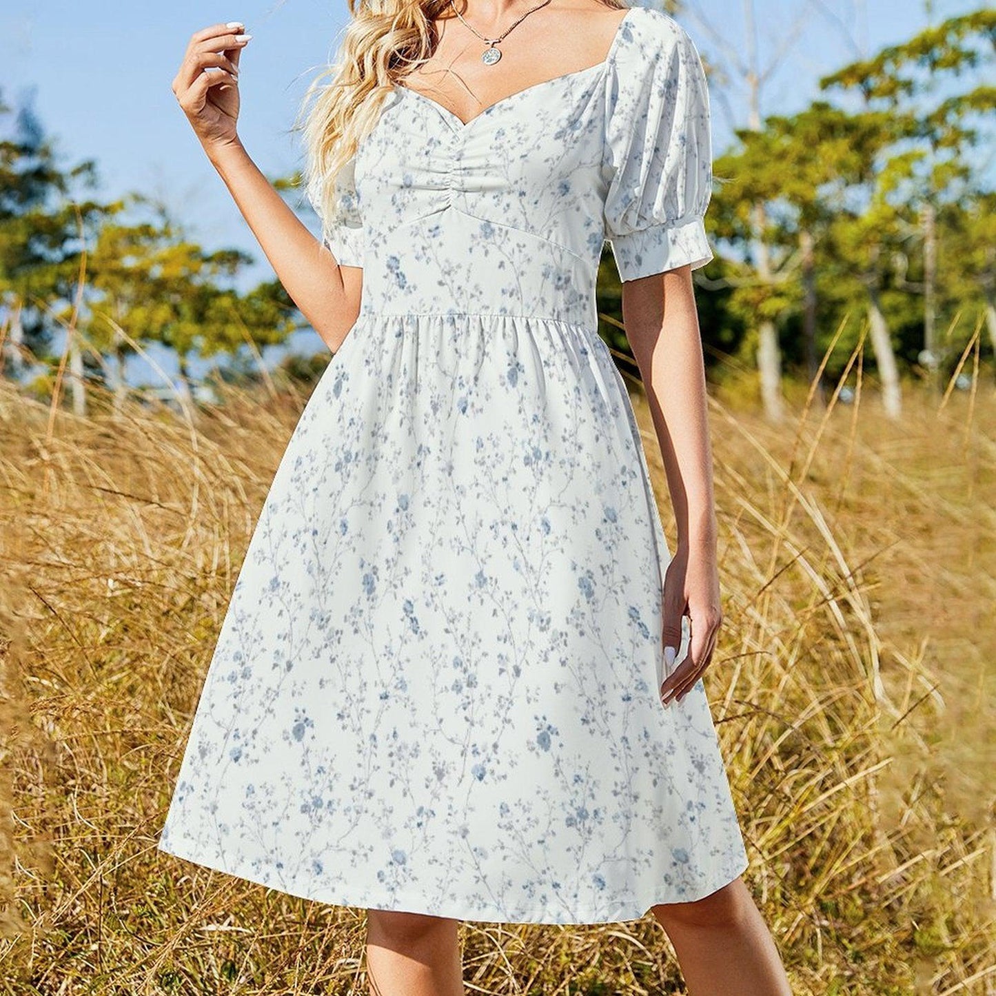 Blue Ditsy Floral Midi Dress, Puff Sleeve Romantic Summer Garden Party Outfit