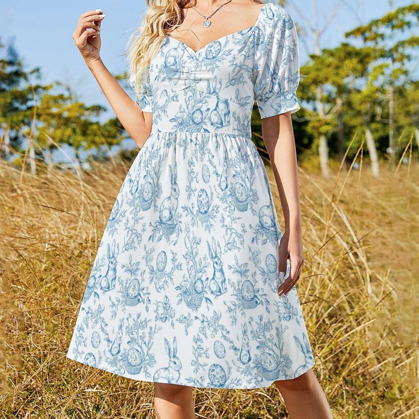 Blue Bunny Toile Midi Dress, Puff Sleeve Fit and Flare, Spring Cottage Outfit, Sweetheart Neckline