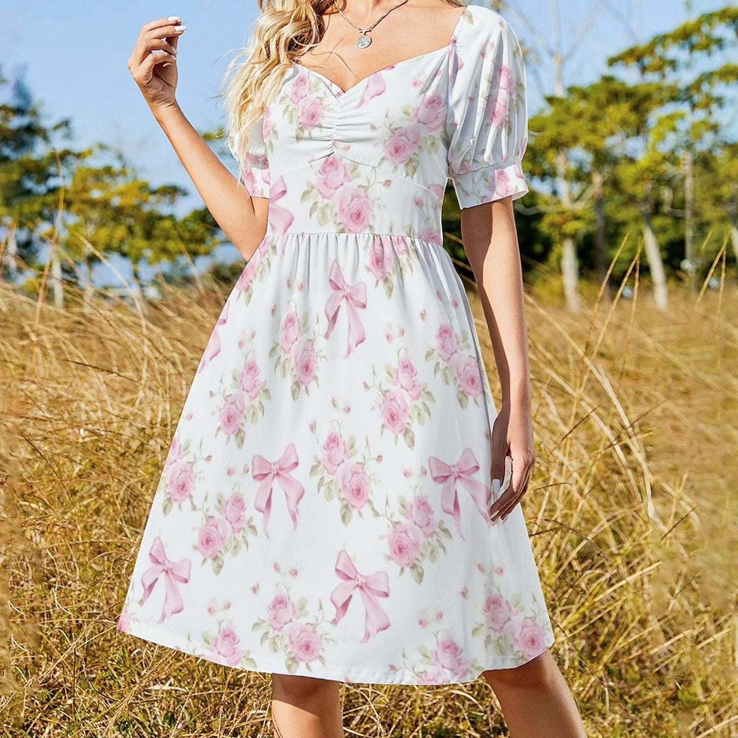 Pink Bow Rose Midi Dress, Puff Sleeve Floral Summer Outfit, Sweetheart Neckline, Fit and Flare, Party Dress