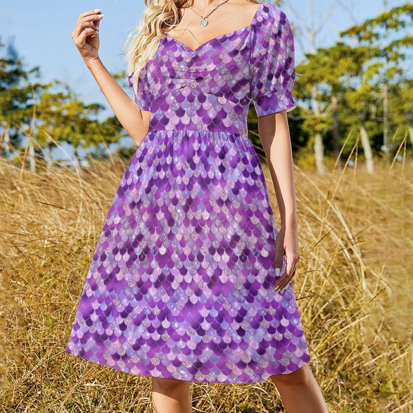 Purple Mermaid Scale Midi Dress, Puff Sleeve Fit and Flare, Glittery Summer Party Outfit