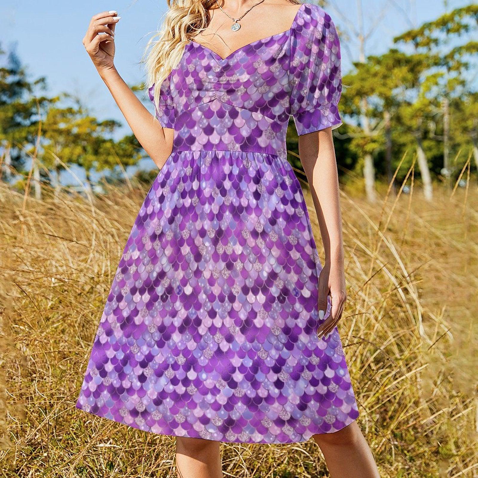 Purple Mermaid Scale Midi Dress, Puff Sleeve Fit and Flare, Glittery Summer Party Outfit