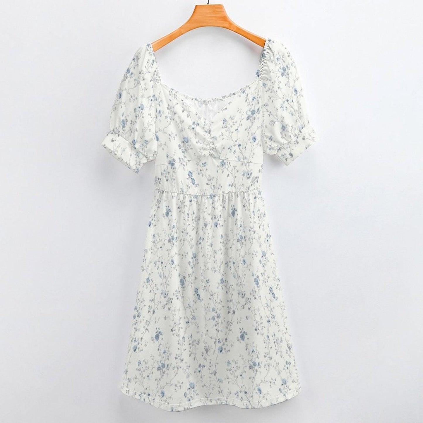 Blue Ditsy Floral Midi Dress, Puff Sleeve Romantic Summer Garden Party Outfit