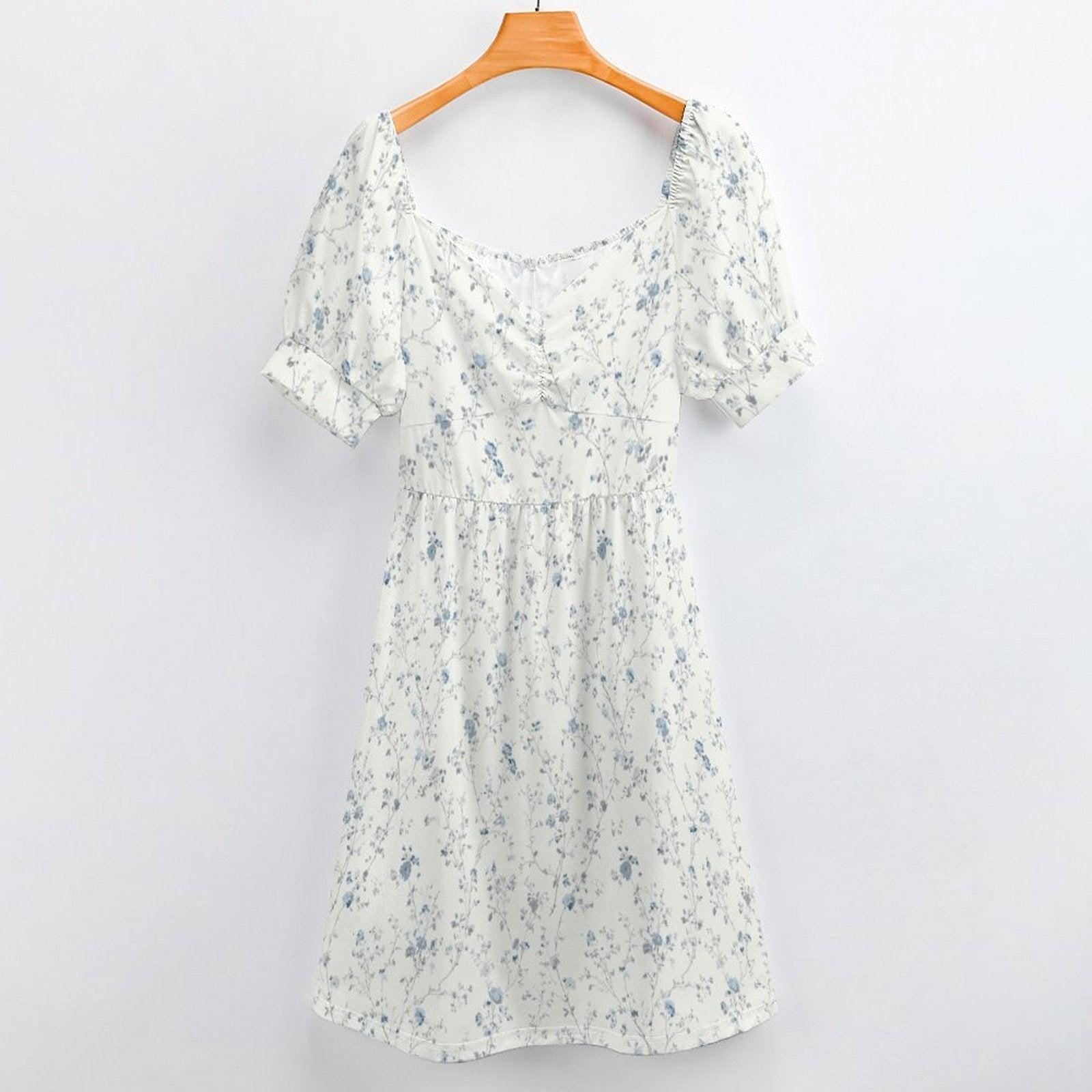 Blue Ditsy Floral Midi Dress, Puff Sleeve Romantic Summer Garden Party Outfit