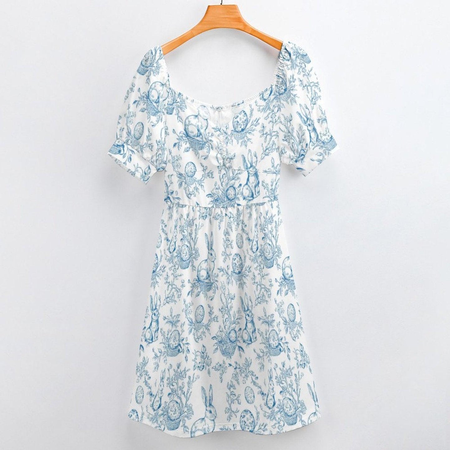 Blue Bunny Toile Midi Dress, Puff Sleeve Fit and Flare, Spring Cottage Outfit, Sweetheart Neckline