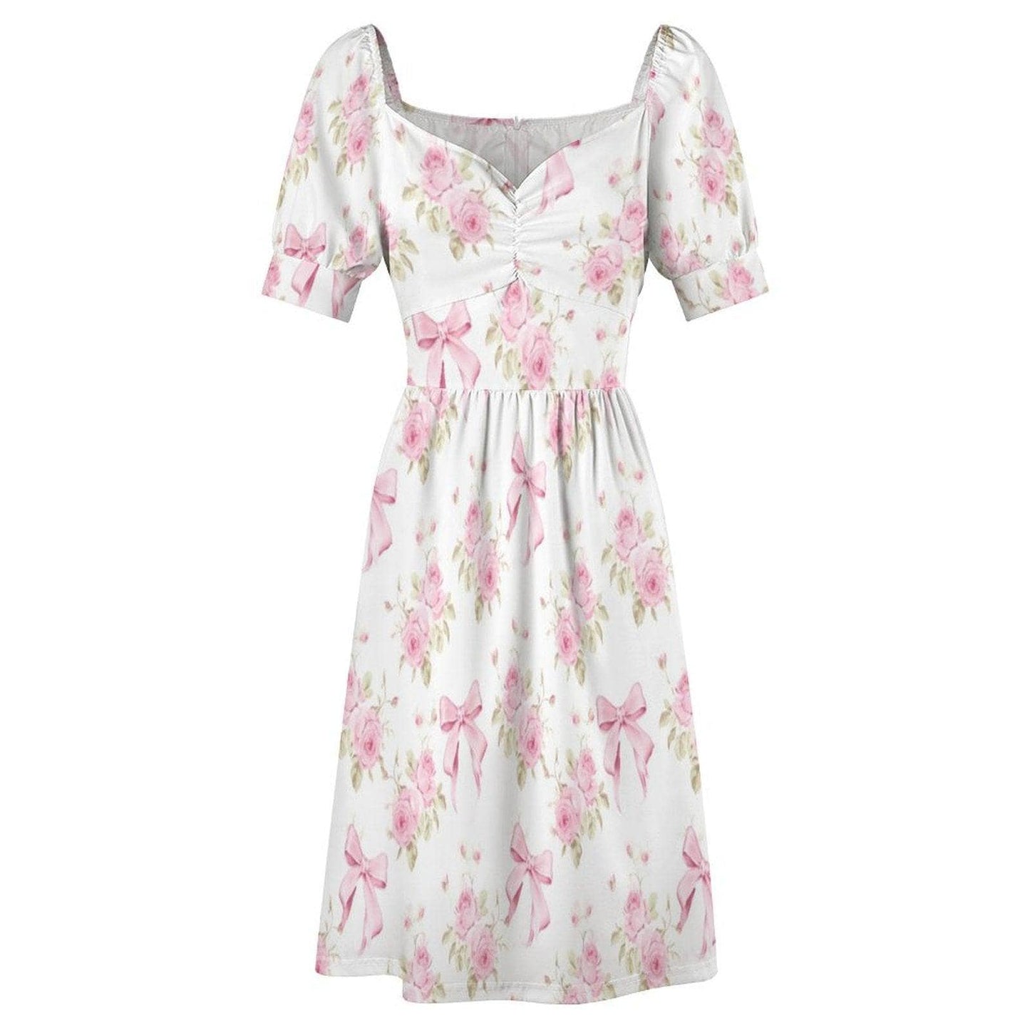 Pink Bow Rose Midi Dress, Puff Sleeve Floral Summer Outfit, Sweetheart Neckline, Fit and Flare, Party Dress