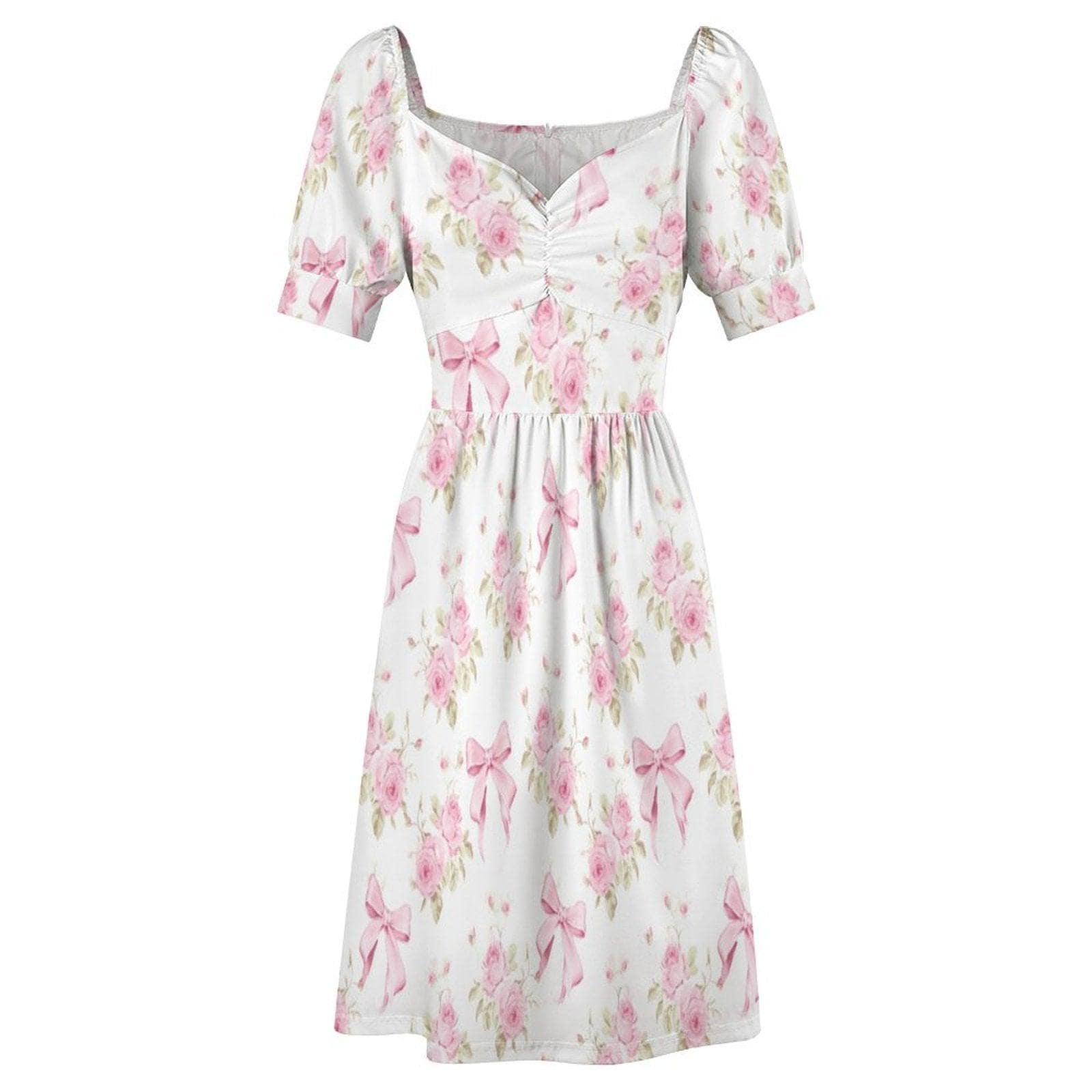 Pink Bow Rose Midi Dress, Puff Sleeve Floral Summer Outfit, Sweetheart Neckline, Fit and Flare, Party Dress