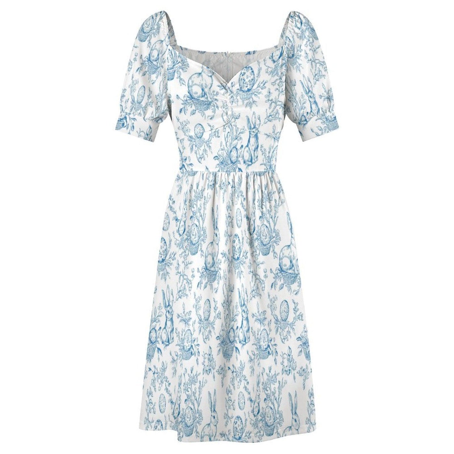 Blue Bunny Toile Midi Dress, Puff Sleeve Fit and Flare, Spring Cottage Outfit, Sweetheart Neckline