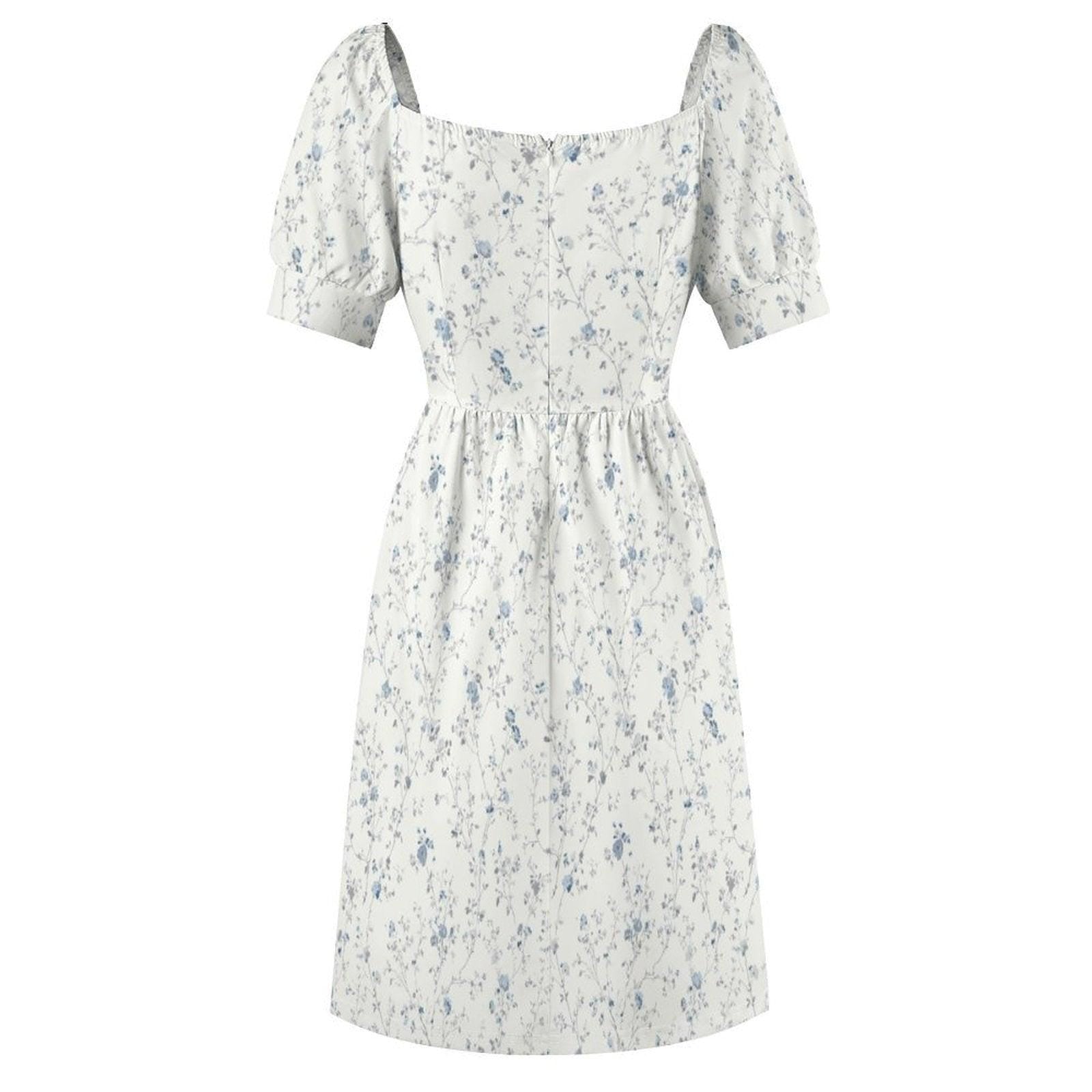 Blue Ditsy Floral Midi Dress, Puff Sleeve Romantic Summer Garden Party Outfit