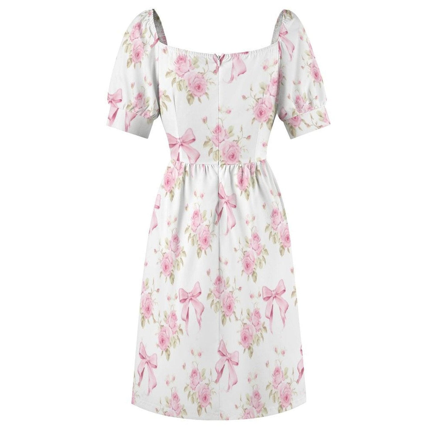 Pink Bow Rose Midi Dress, Puff Sleeve Floral Summer Outfit, Sweetheart Neckline, Fit and Flare, Party Dress