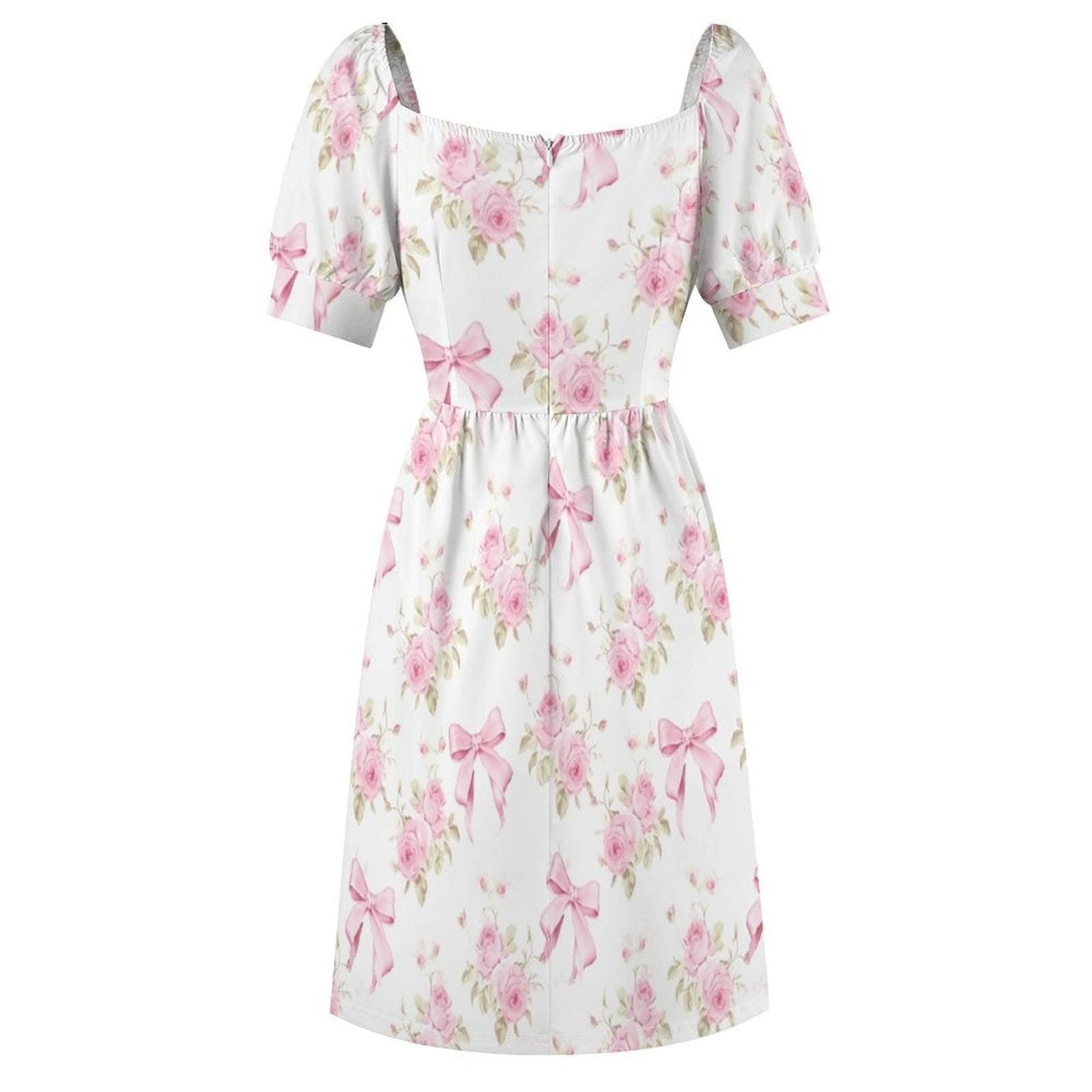 Pink Bow Rose Midi Dress, Puff Sleeve Floral Summer Outfit, Sweetheart Neckline, Fit and Flare, Party Dress