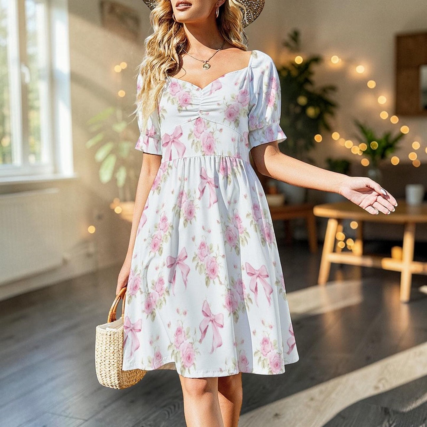 Pink Bow Rose Midi Dress, Puff Sleeve Floral Summer Outfit, Sweetheart Neckline, Fit and Flare, Party Dress