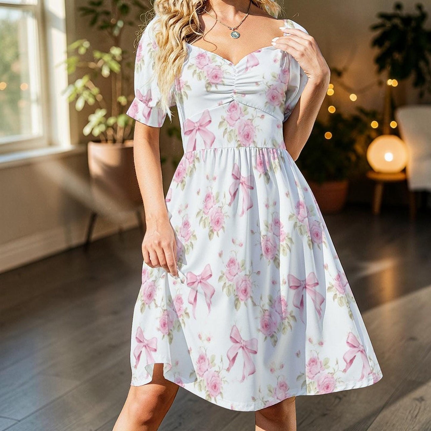 Pink Bow Rose Midi Dress, Puff Sleeve Floral Summer Outfit, Sweetheart Neckline, Fit and Flare, Party Dress